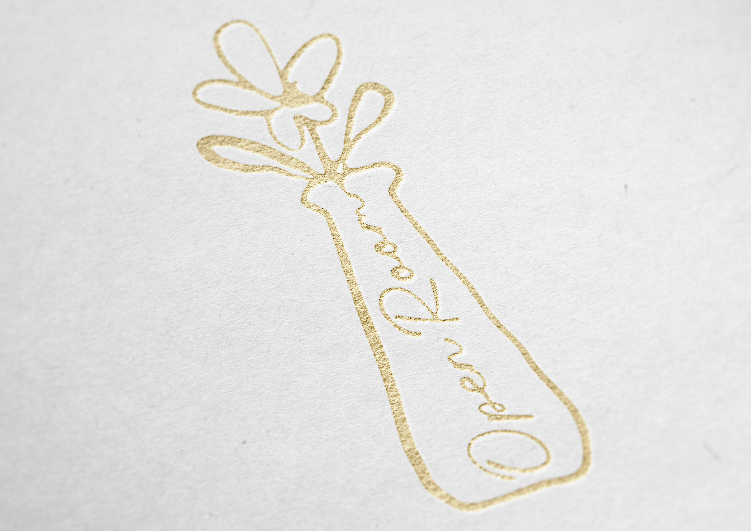 A minimalistic gold line drawing of a giraffe on a white background.