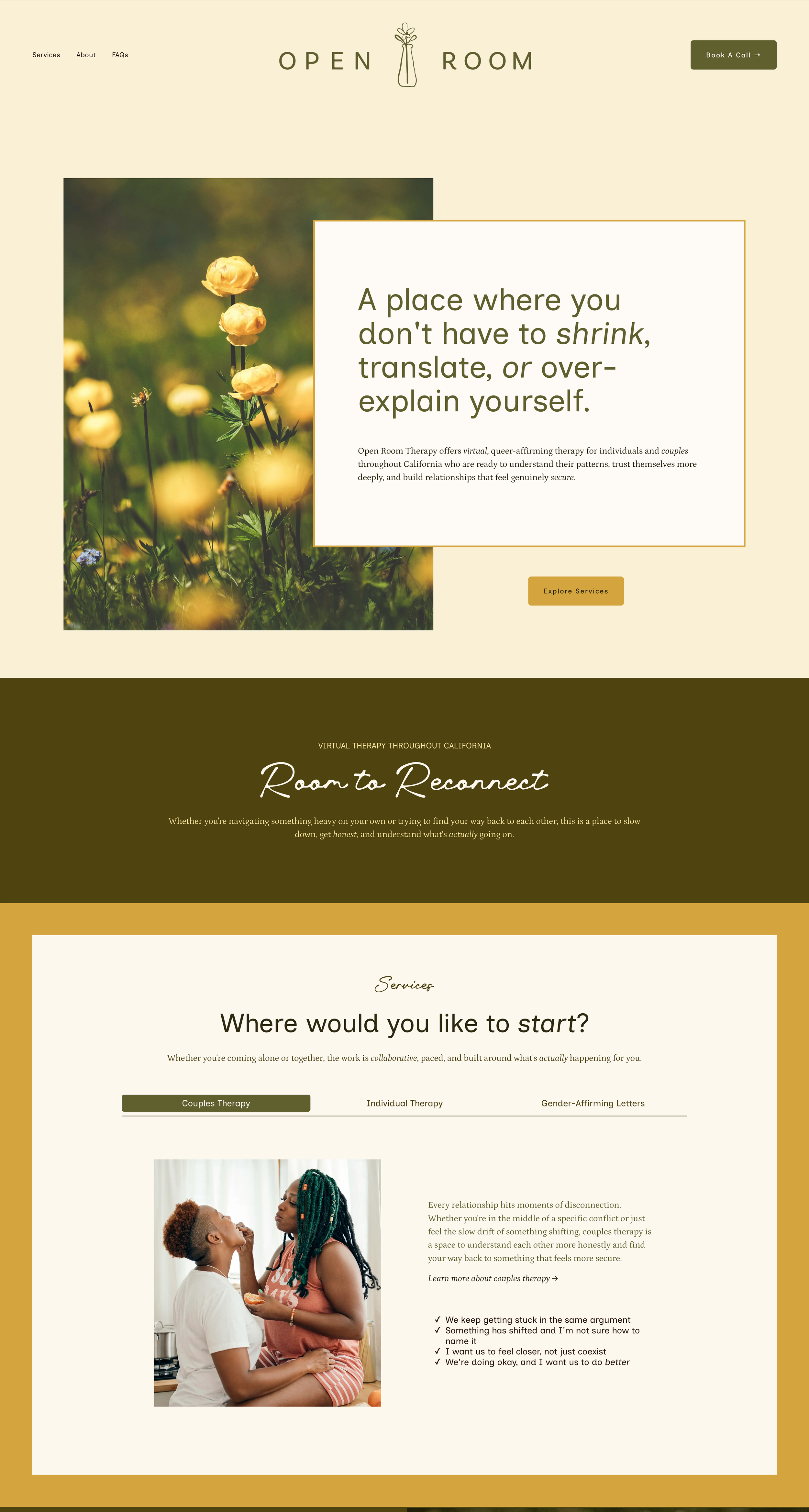 Website homepage for Open Room Therapy, featuring a photo of yellow flowers and a woman with dreadlocks talking to a person with short hair, promoting virtual therapy and relationship counseling services.