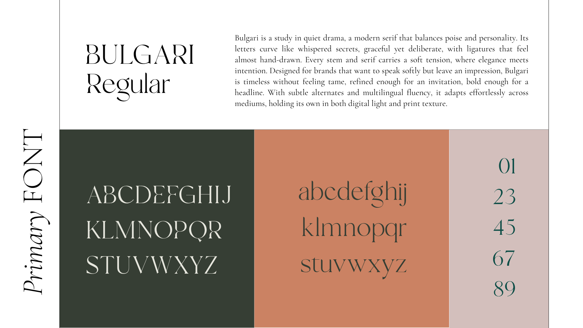 A website layout showcasing Bulgarian typography style. The design features large stylized fonts, with sections for alphabet characters in uppercase and lowercase, and a color palette with corresponding color codes.