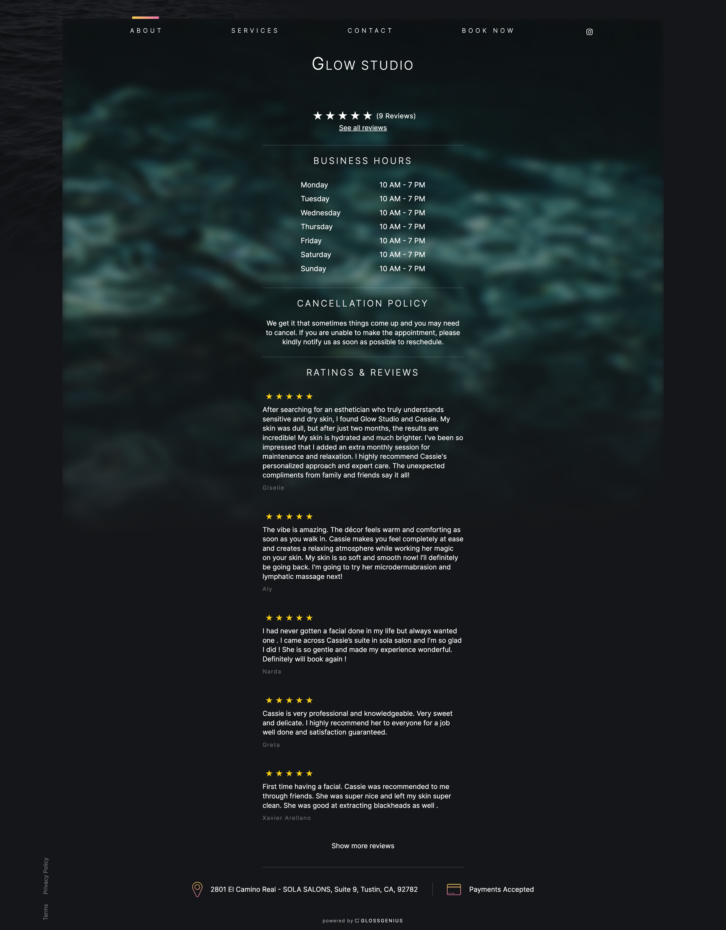 Screenshot of a spa or beauty salon's website homepage titled 'Glow Studio.' The page features customer reviews, business hours, policies, and location information, with a dark, ocean-like background.