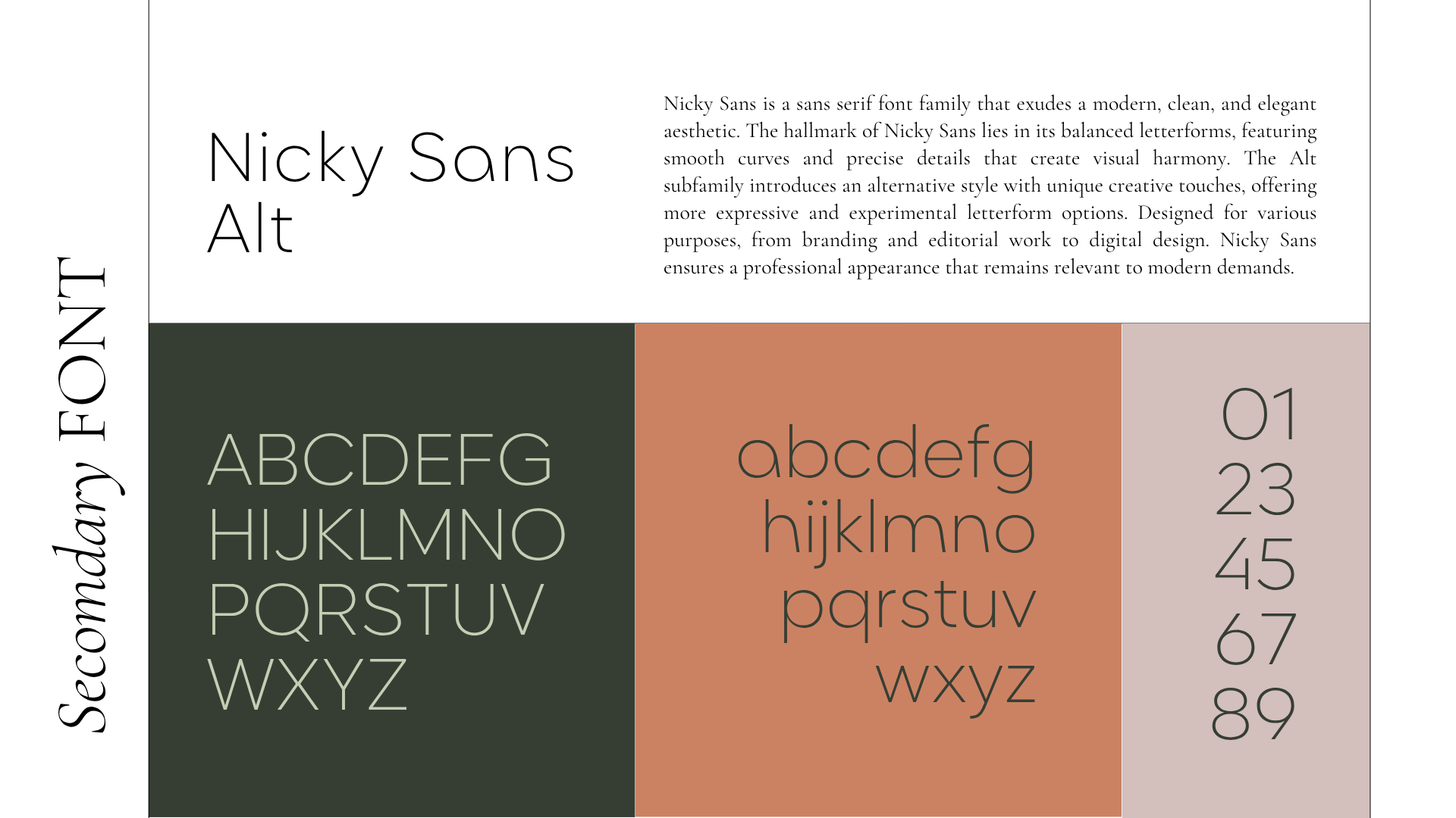Design layout showing different font families, with sample characters and numbers, and a paragraph describing the Nicky Sans font family.