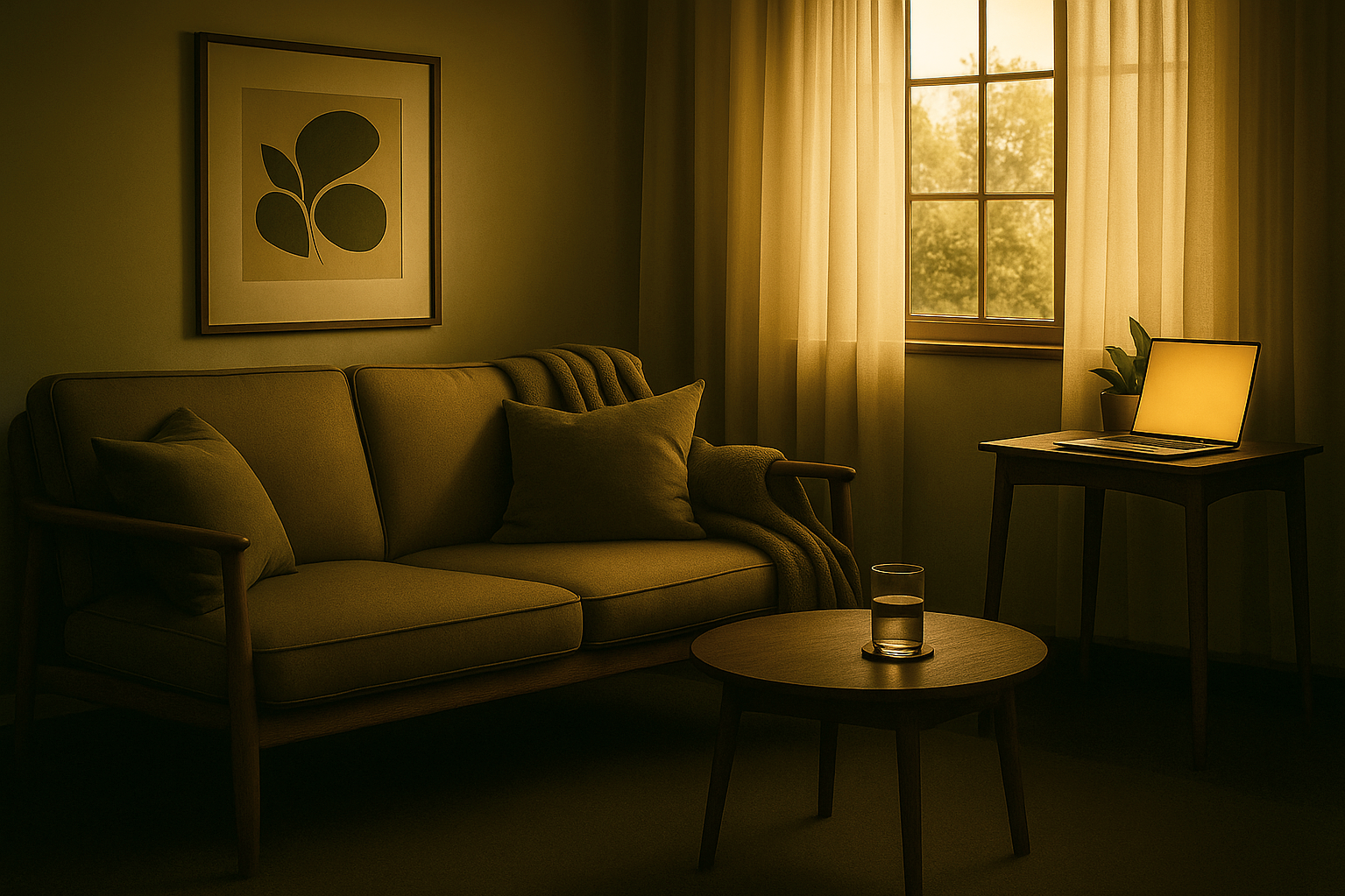 A cozy living room with a beige sofa, pillows, a wooden coffee table with a glass of water, a side table with a laptop and a potted plant, sunlight streaming through a window with sheer curtains, and a framed abstract art piece on the wall.