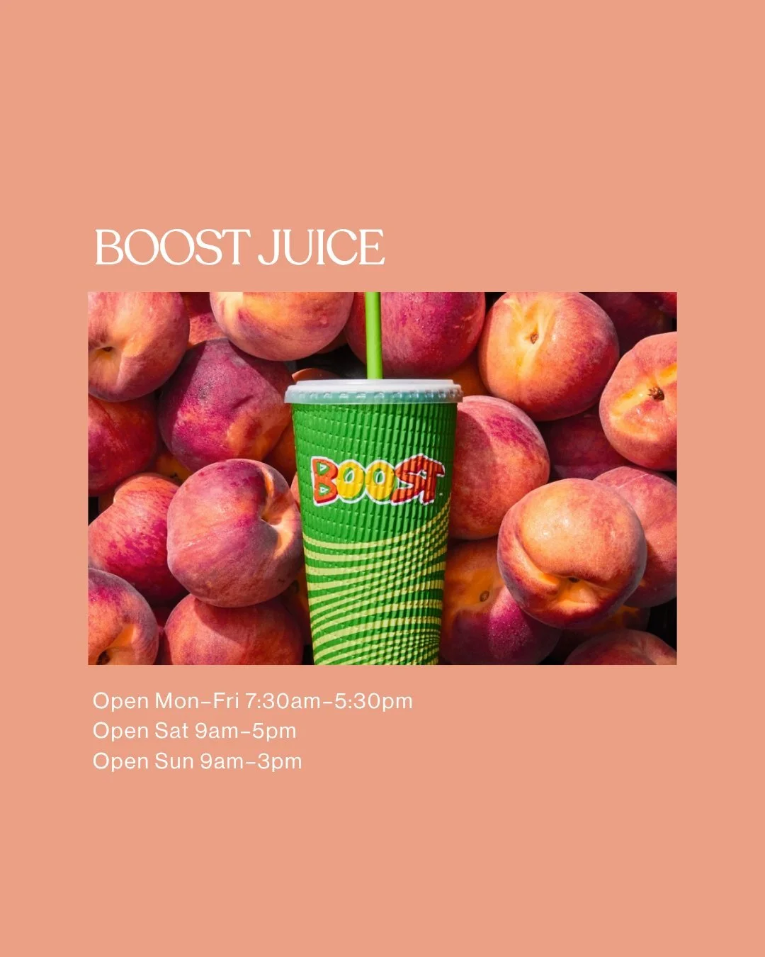 Your ticket to a fresh boost 🍓🥭

Need a boost?

Whether you're after a smoothie, juice or something refreshing on the go, @boost_juice is the perfect stop for a fresh pick-me-up.

Pop in and grab your favourite.

Open Mon&ndash;Fri 7:30am&ndash;5:3