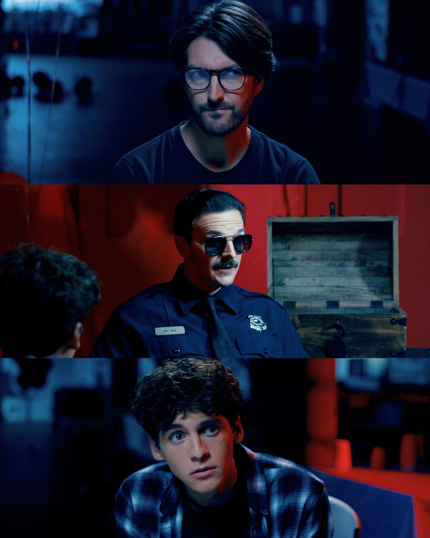 Principal Paloni, Sergeant Sam and bad news for Seth.

Find out who done it on June 28th! Ticket link in bio @323films. 

#robberyattherockvaletheatre
#rockvalemovie
#323films