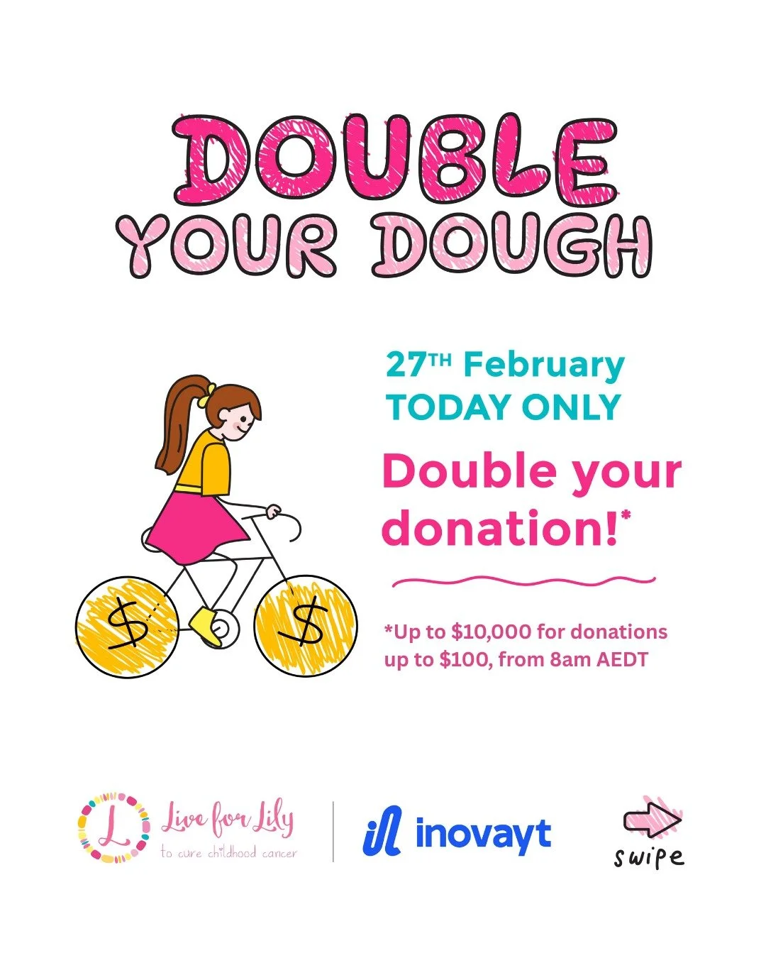 Today is the day! Double your donation thanks to the amazing support from @inovayt_au when you sponsor a rider for the ACT to MCG! Link in bio to double your impact to finding a cure for childhood cancer!
