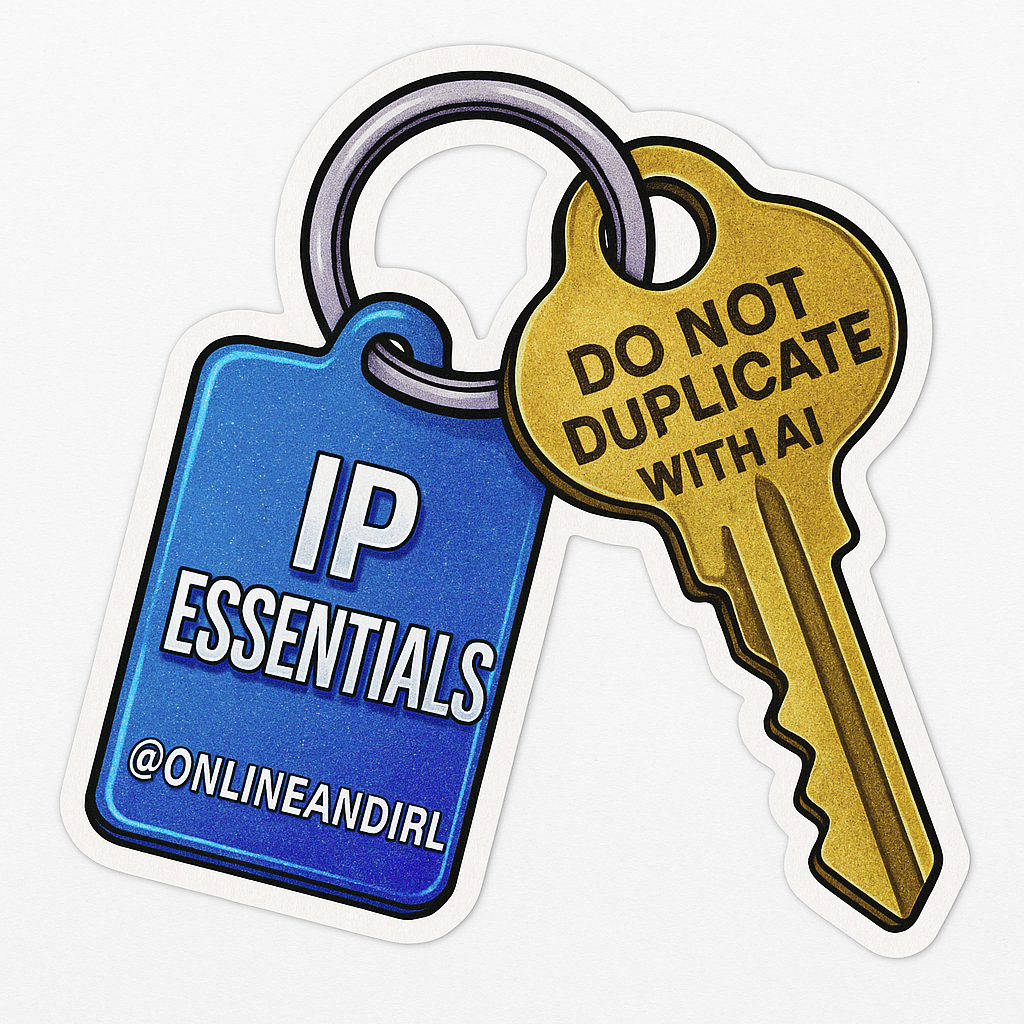 A sticker featuring a blue tag with the text 'IP ESSENTIALS @ONLINEANDIRL' attached to a gold key with a label that says 'DO NOT DUPLICATE WITH AI'.