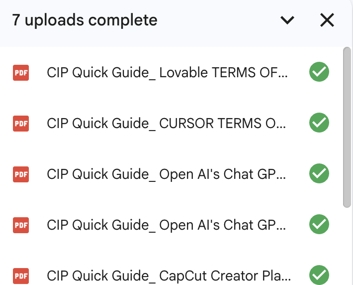 Screenshot of a file download completion window showing seven completed uploads, including PDF guides on terms of service, cursor terms, Open AI's chat guides, and CapCut creator plans.