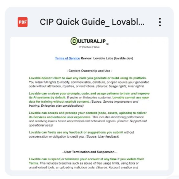 Screenshot of a document titled 'CIP Quick Guide' from Cultural IP, discussing content ownership, usage, and user policies related to AI training and platform use.