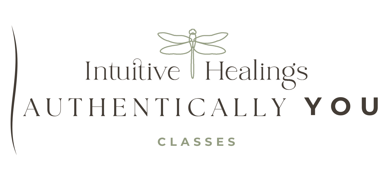 Logo for Authentic You Classes featuring a dragonfly graphic and the text "Intuitive Healings" and "Authentically You" with an elegant, calming design.