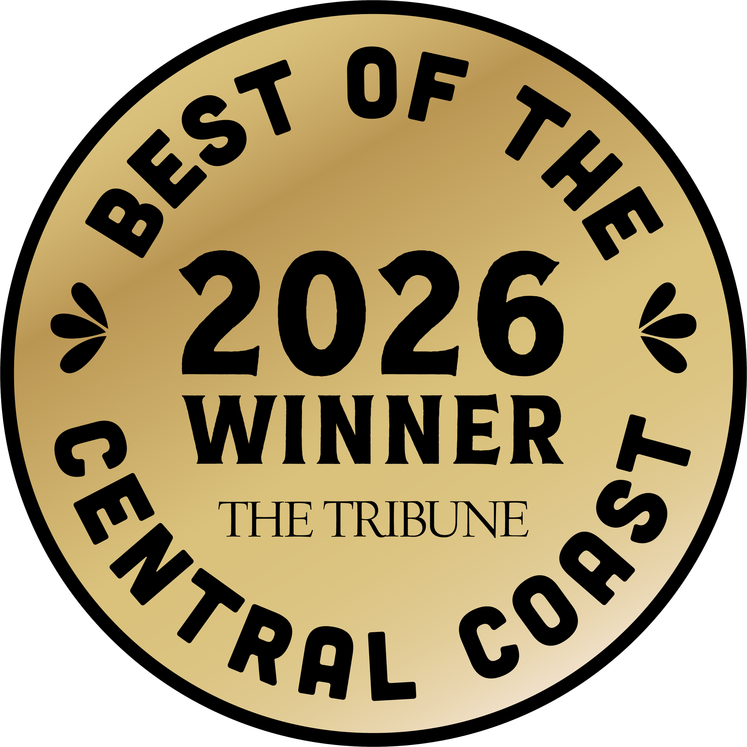Gold medal with black text reading 'Best New Restaurant of the Central Coast 2026 Winner. The Tribune'.