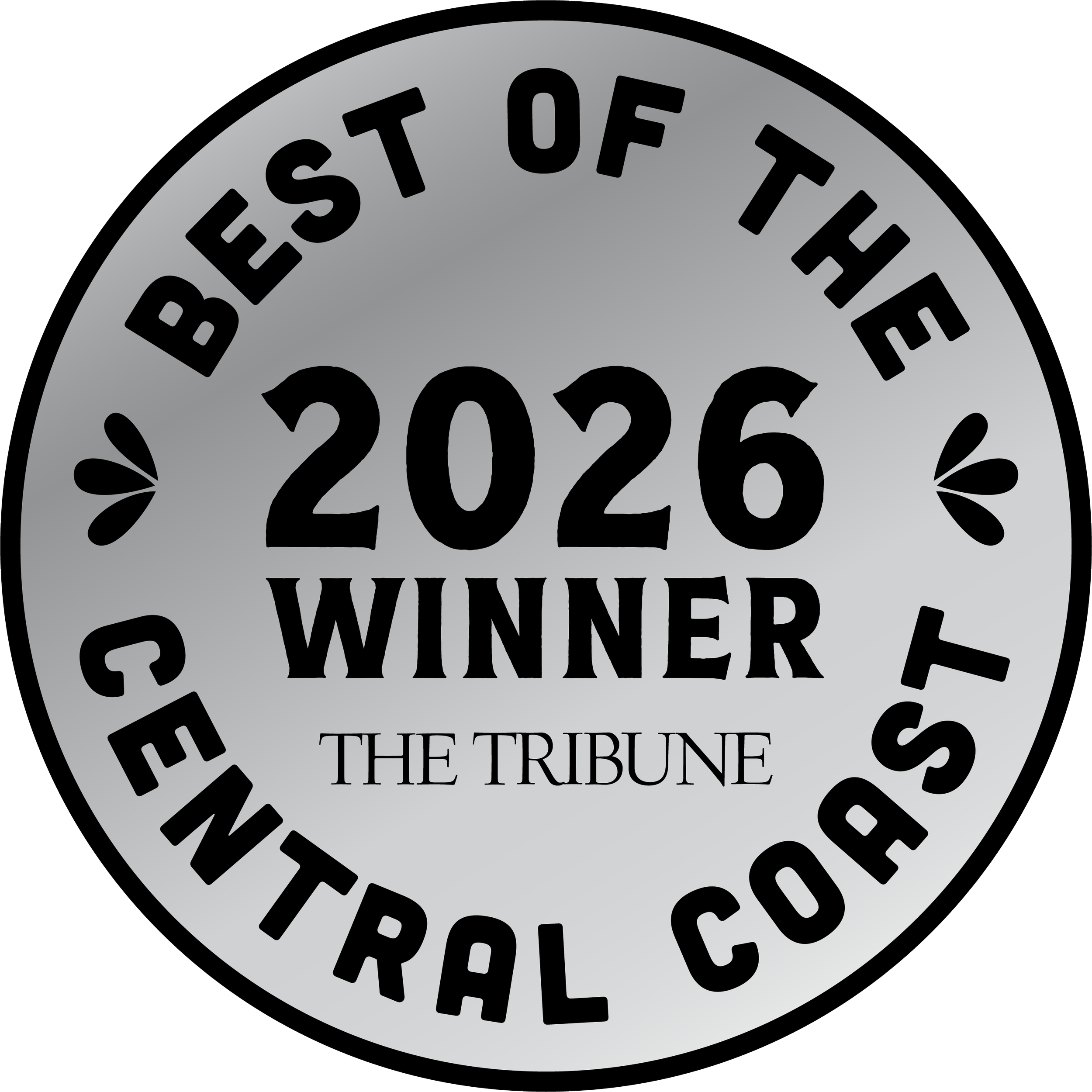 Silver medal with black text reading 'Best Lunch Spot of the Central Coast 2026 Winner. The Tribune'.