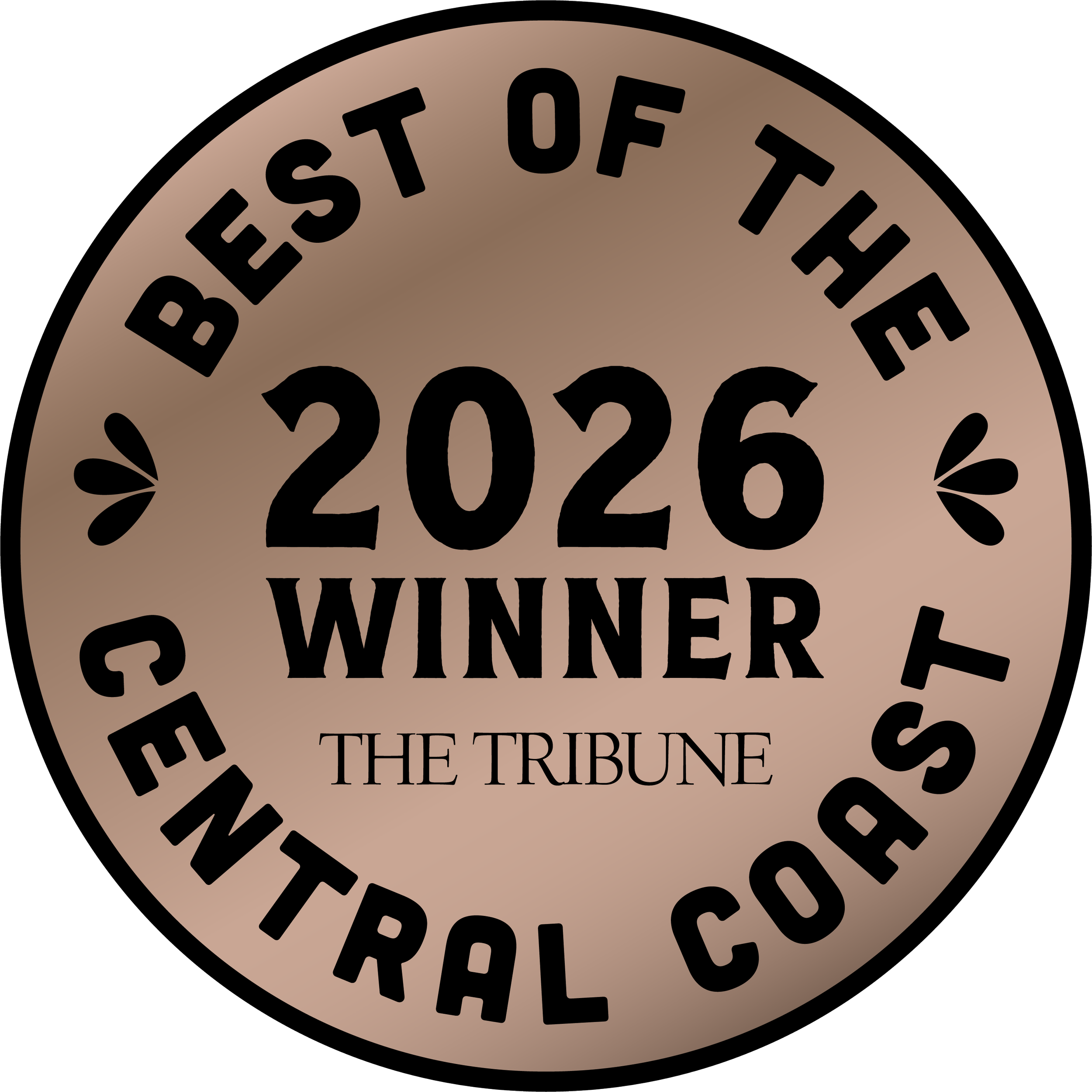 Close-up of a circular label with the text 'Best of the 2026' and 'Winner' on a beige background, with decorative black flourishes.