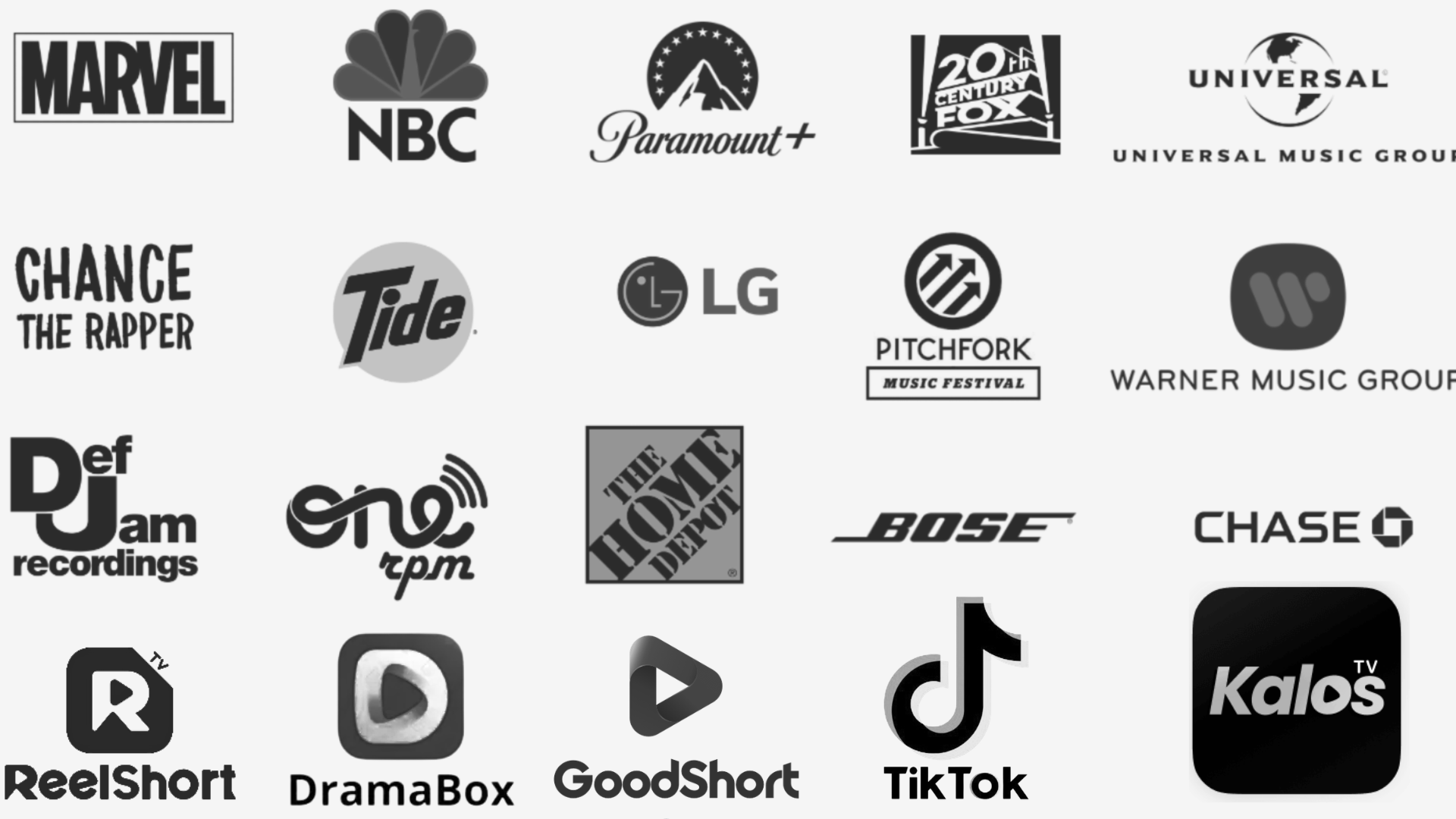 Collection of black-and-white logos of various entertainment and media companies arranged in a grid, including Marvel, NBC, Paramount+, Universal, Fox, Warner Music Group, and others that Danny Farber has worked with.