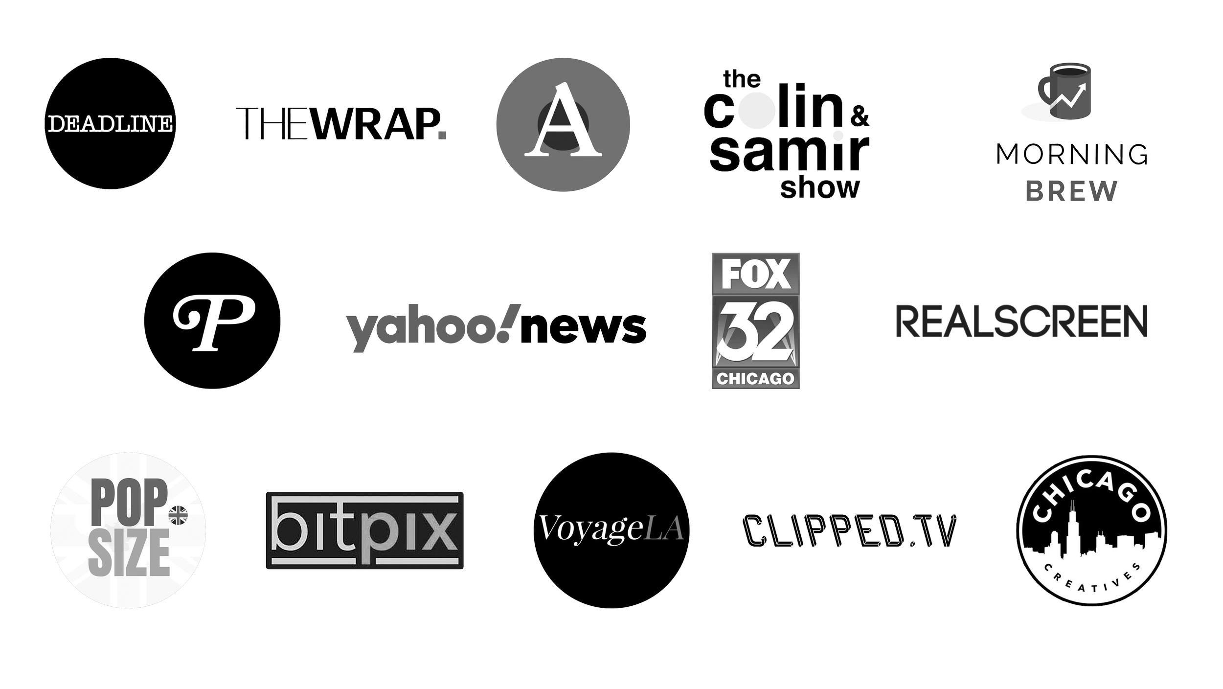 Black and white collage of various logos and text related to media, entertainment, and creative industries, including names like 'Deadline,' 'The Wrap,' 'the colin & samir show,' 'FOX 32,' and 'Chicago Creatives' that have written about Danny Farber