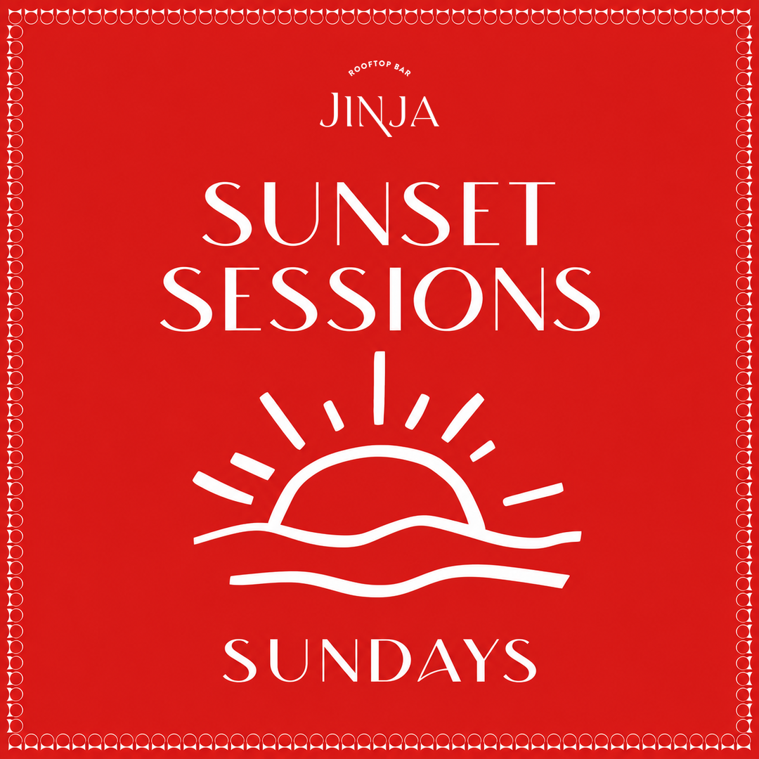 Jinja Sunset Sessions — Sundays. Red and white artwork with the Jinja logo and sunset illustration.