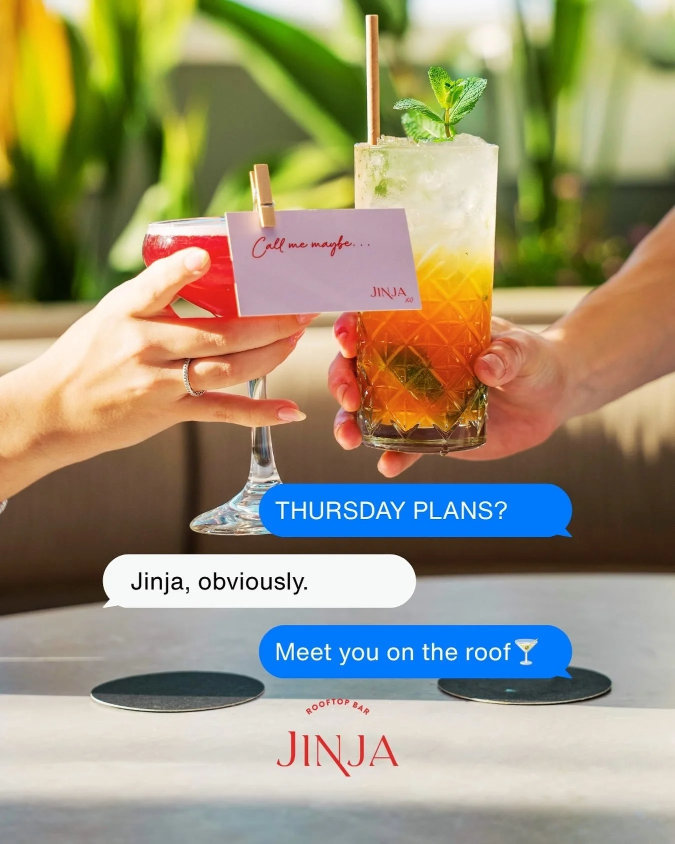 Thursday plans? We&rsquo;ve got you. 🍸

Starting today, Jinja is officially open on Thursdays from 5PM till late! 🎉

Round up your crew, grab a cocktail and meet us on the rooftop. Your Thursdays just got a whole lot better.

See you tonight! ❤️&zw