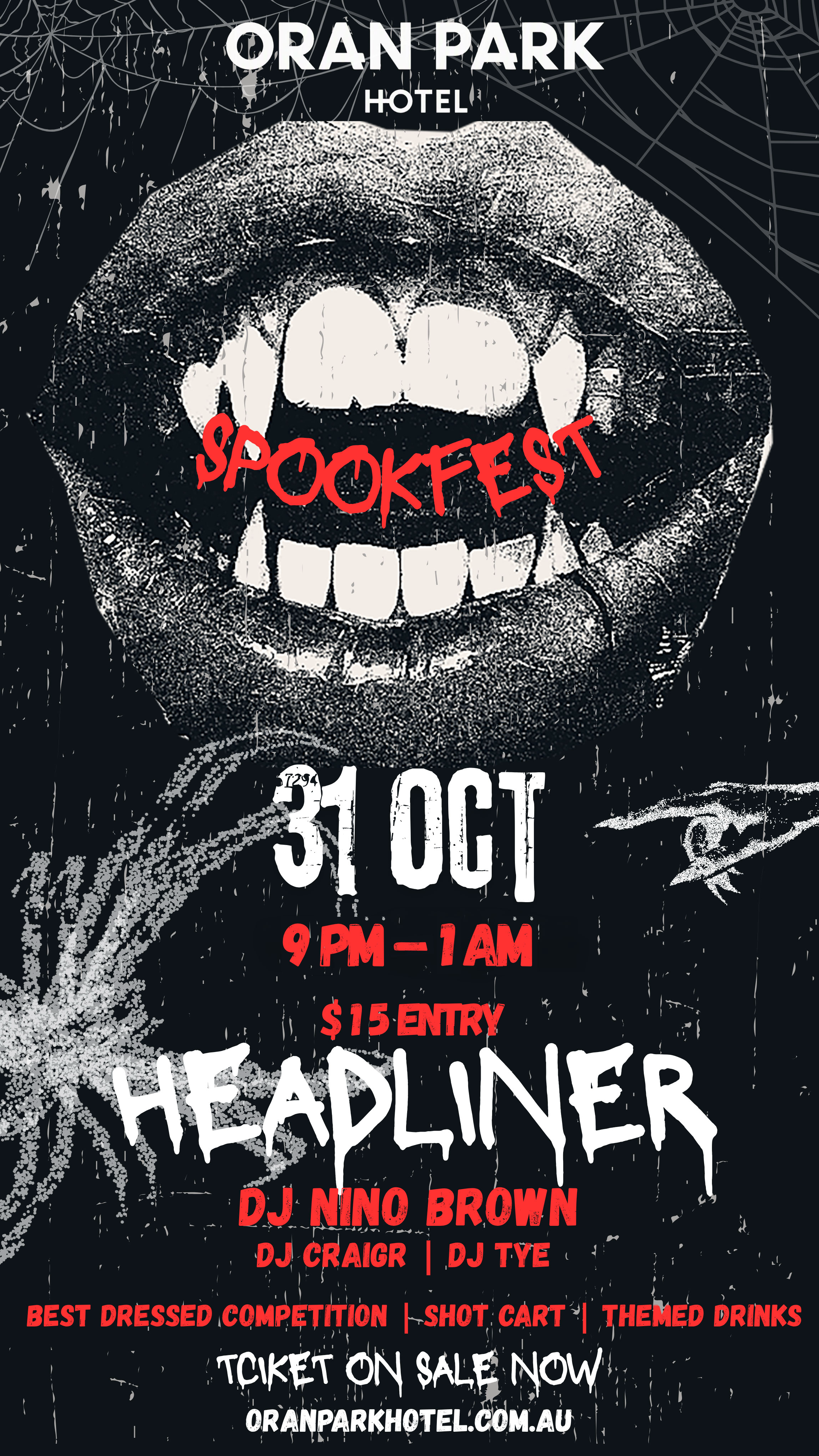 Original Spookfest Halloween party poster: Oran Park Hotel, 31 October 2026, 9pm–1am, featuring DJ Nino Brown, DJCRAIGR and DJ TYE.
