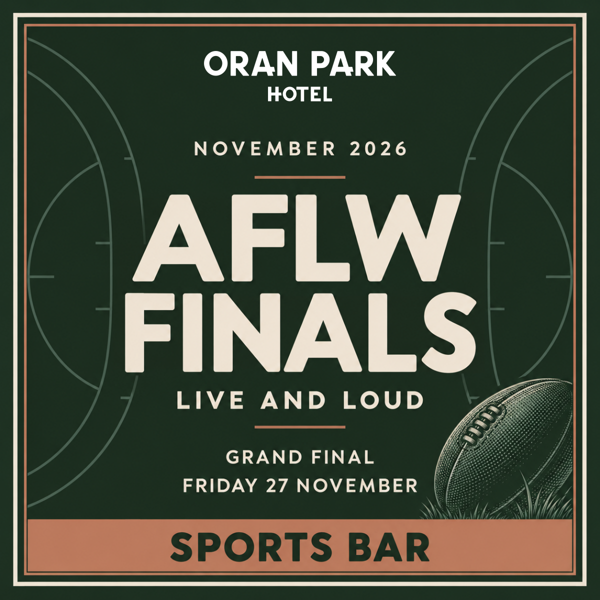 AFLW Finals live and loud at Oran Park Hotel Sports Bar, November 2026. Grand Final Friday 27 November.