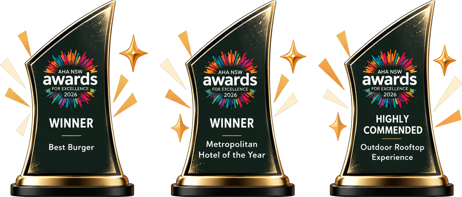 Oran Park Hotel AHA NSW Awards for Excellence 2026: Winner Best Burger, Winner Metropolitan Hotel of the Year, Highly Commended Outdoor Rooftop Experience