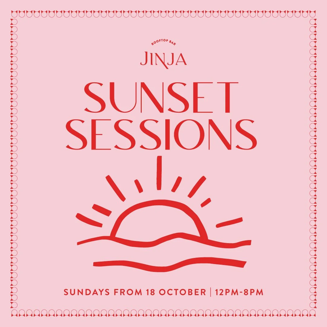 Jinja Sunset Sessions — Sundays at Jinja Rooftop. Red and white artwork with Jinja logo and sunset illustration.