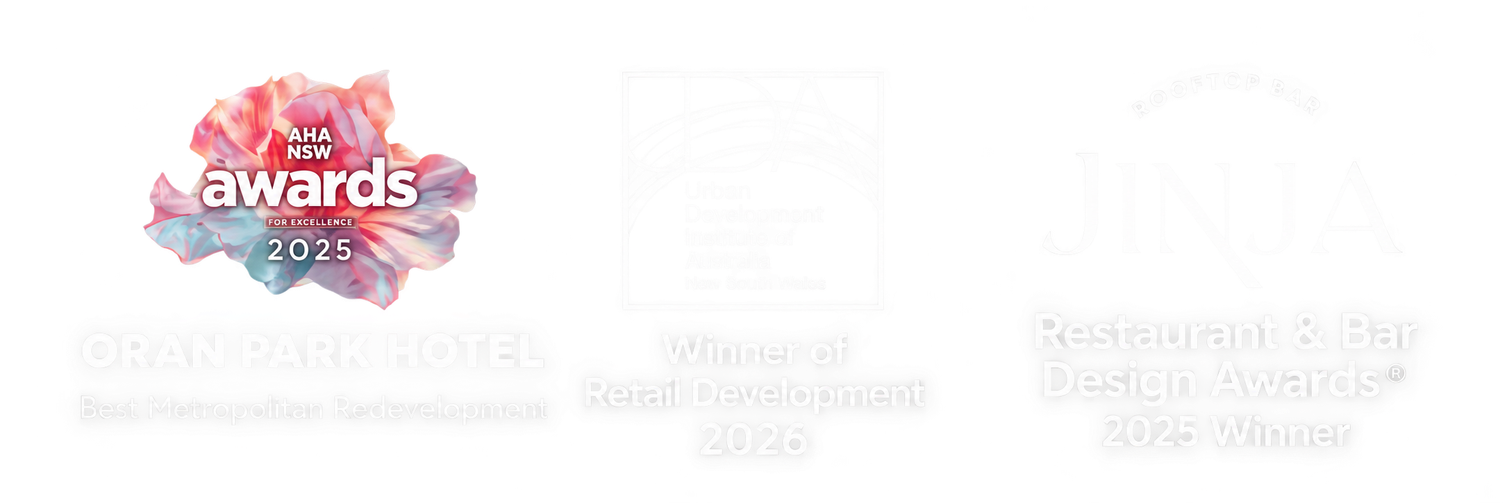 Oran Park Hotel and Jinja: AHA NSW 2025 Best Metropolitan Redevelopment, UDIA 2026 Winner of Retail Development, and Restaurant & Bar Design Awards 2025 Winner.