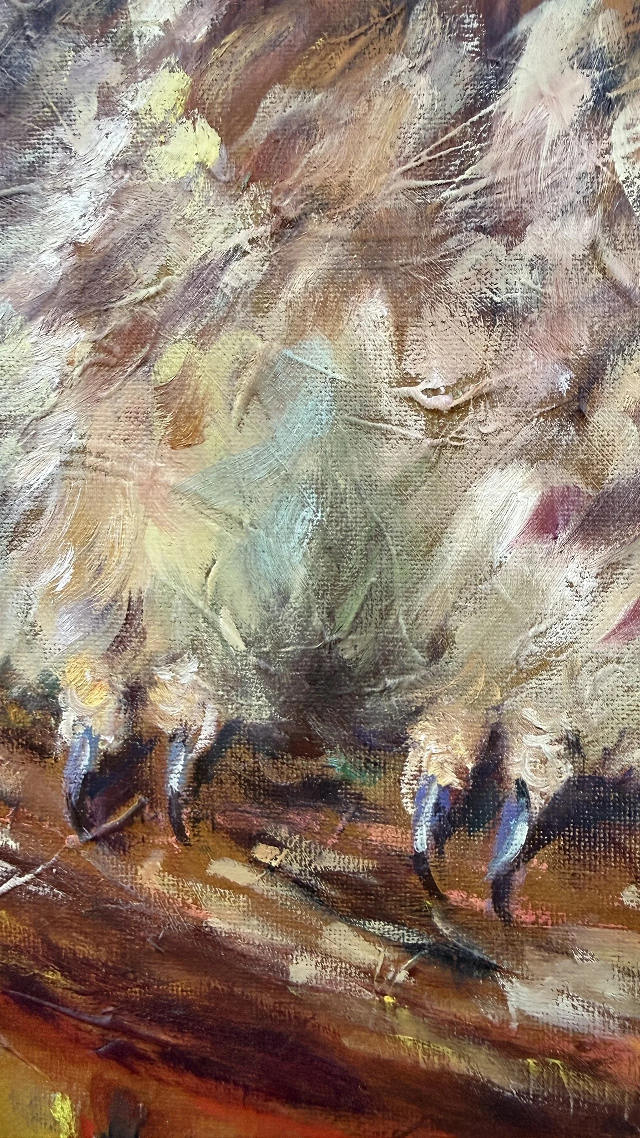 Close-up of owls’ feet gripping a branch, showing sharp talons and textured bark detail.