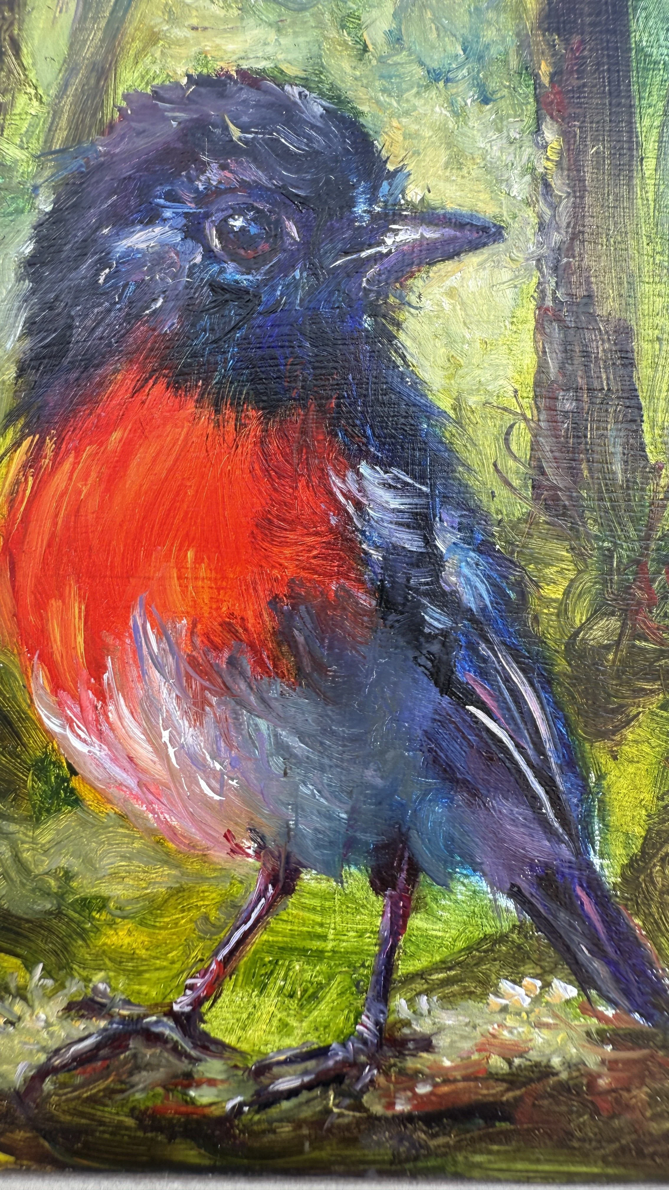Mini oil painting of a red-chested robin standing on a branch, detail