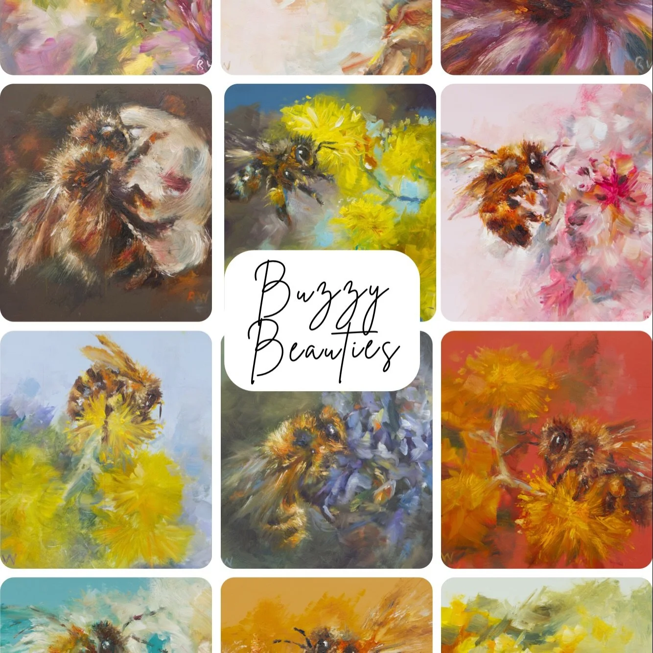 And here they all are! 🐝

12 little bee paintings, each painted on a different @britishpaints colour swatch.

What started as a fun little idea inspired by @mrdimples74 turned into a series I&rsquo;ve absolutely loved painting. Each colour seemed to