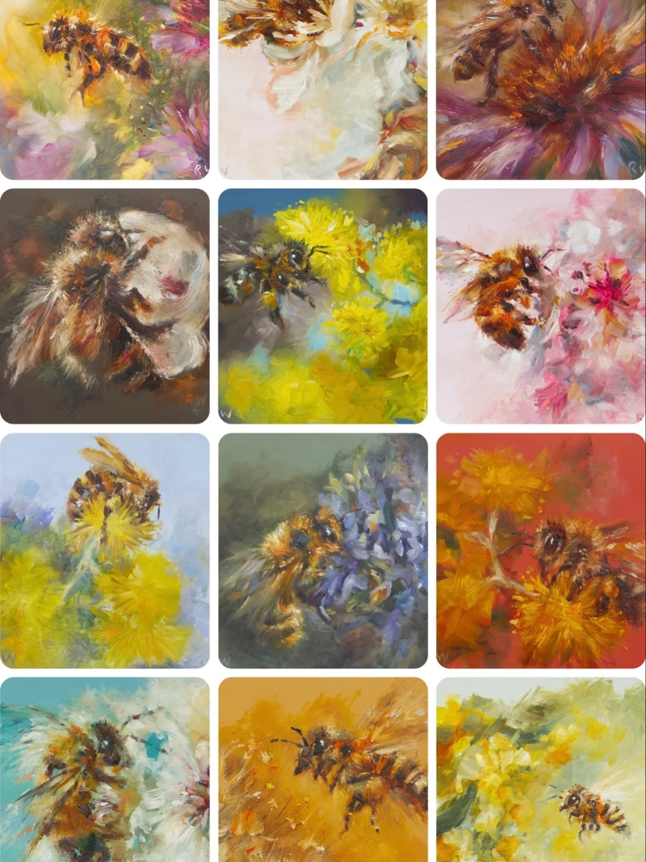 The bees are here! 🐝

What started as a little experiment - painting tiny bees on paint colour swatches somehow became a collection of twelve.

And after you asked about prints, I&rsquo;ve finally made them happen. 😊

All 12 are now available to pr