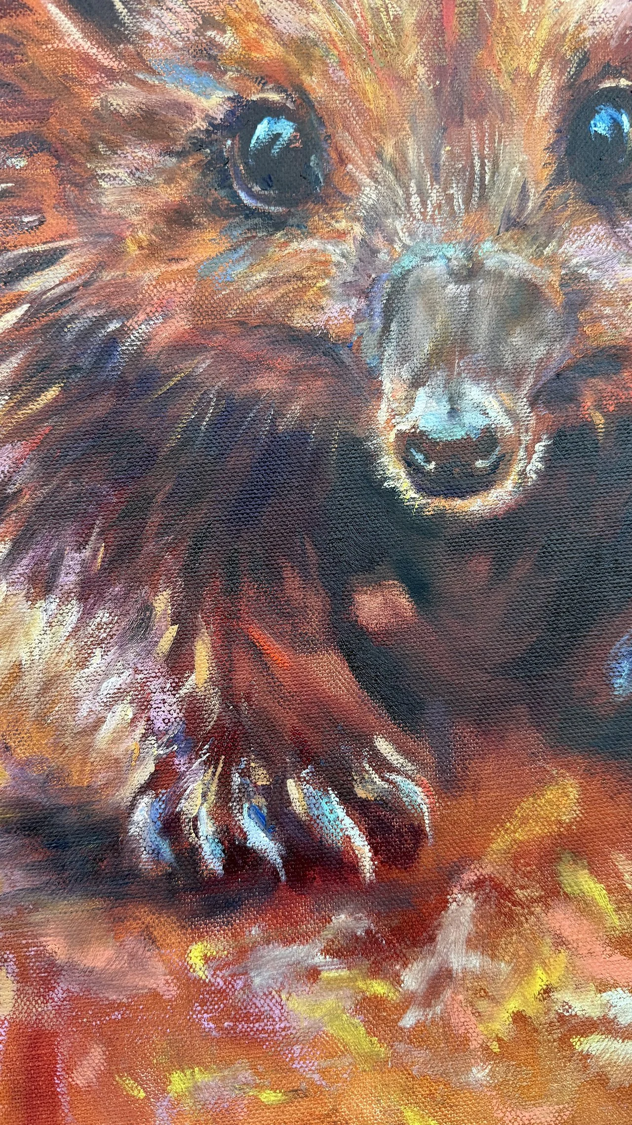 Close-up of thick, textured paint showing colour variation in the echidna’s body.