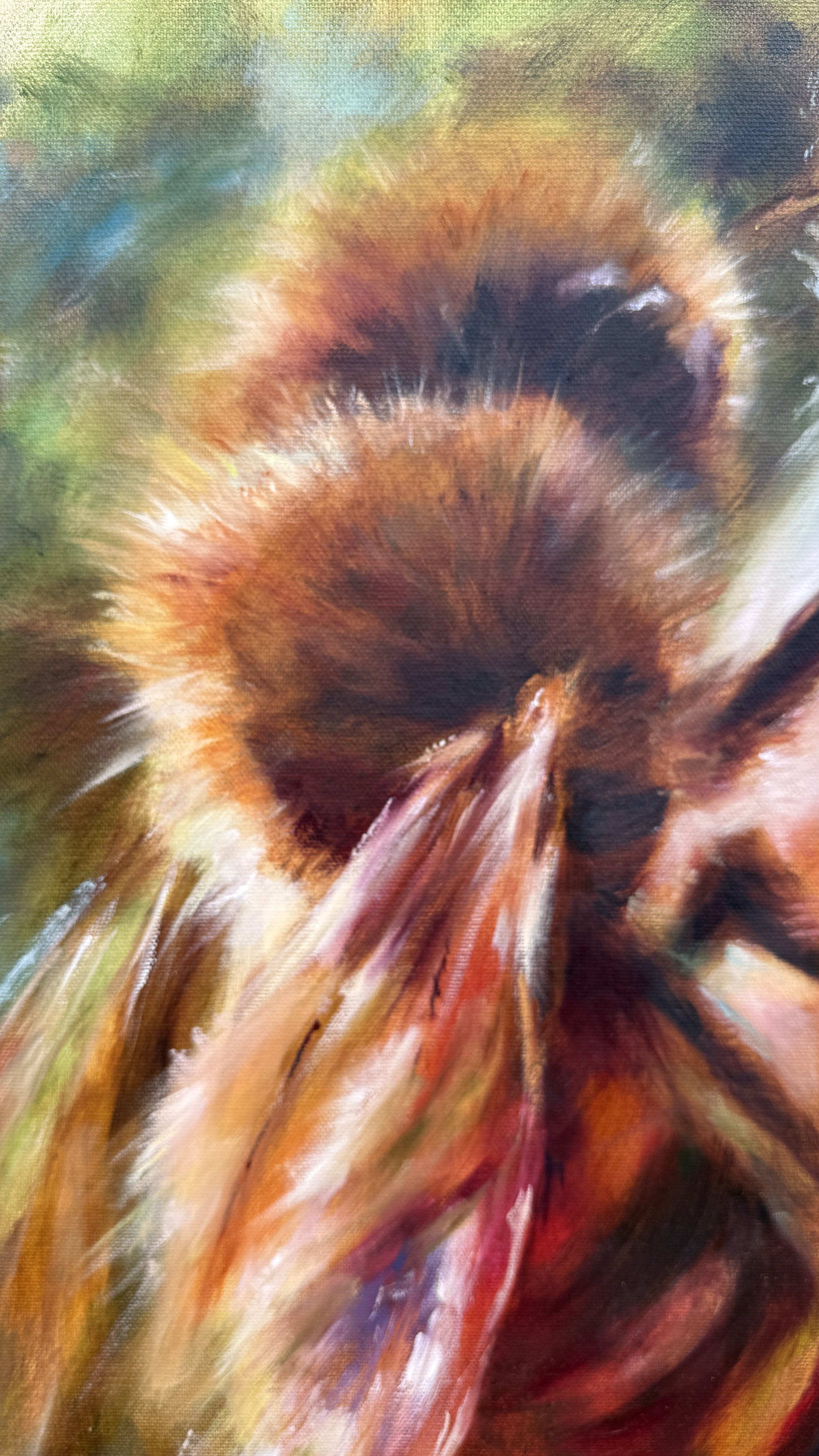 Close-up detail of the bee's translucent wing in the original oil painting Alight by Australian artist Ro Windust.