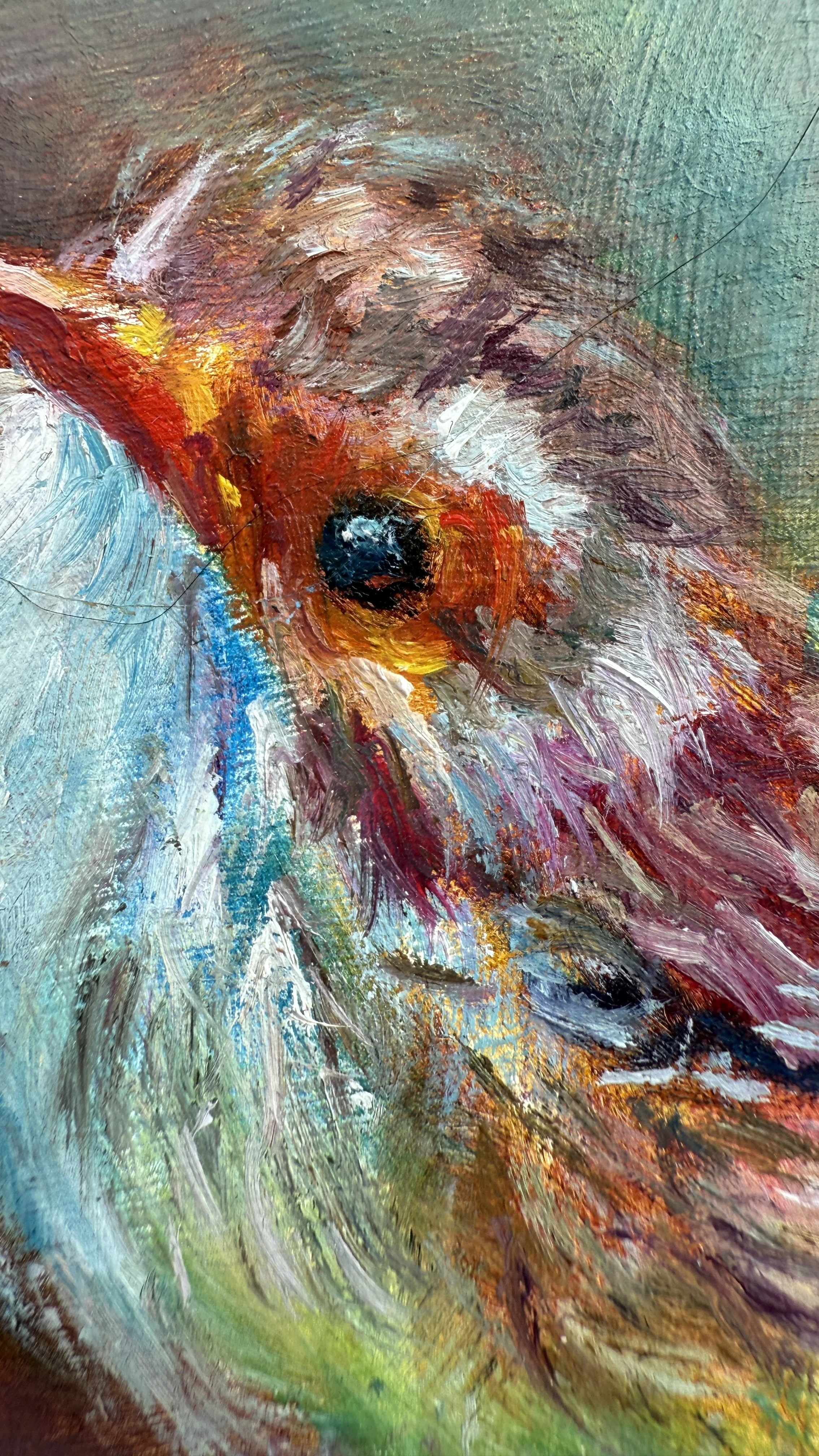 Mini oil painting of a colourful blue wren close up