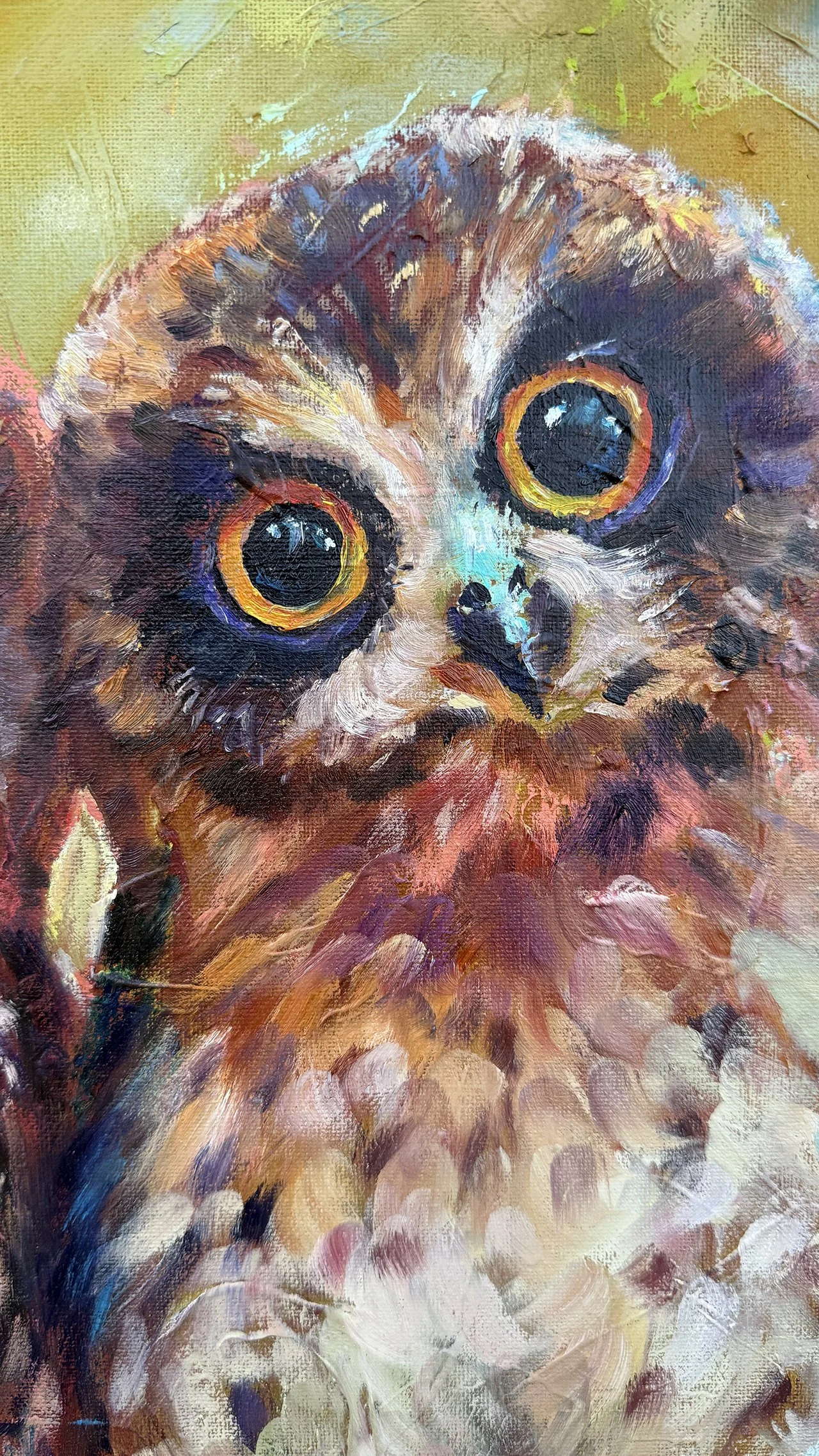 Close-up of right owl’s eye with bright colour and layered brushwork.