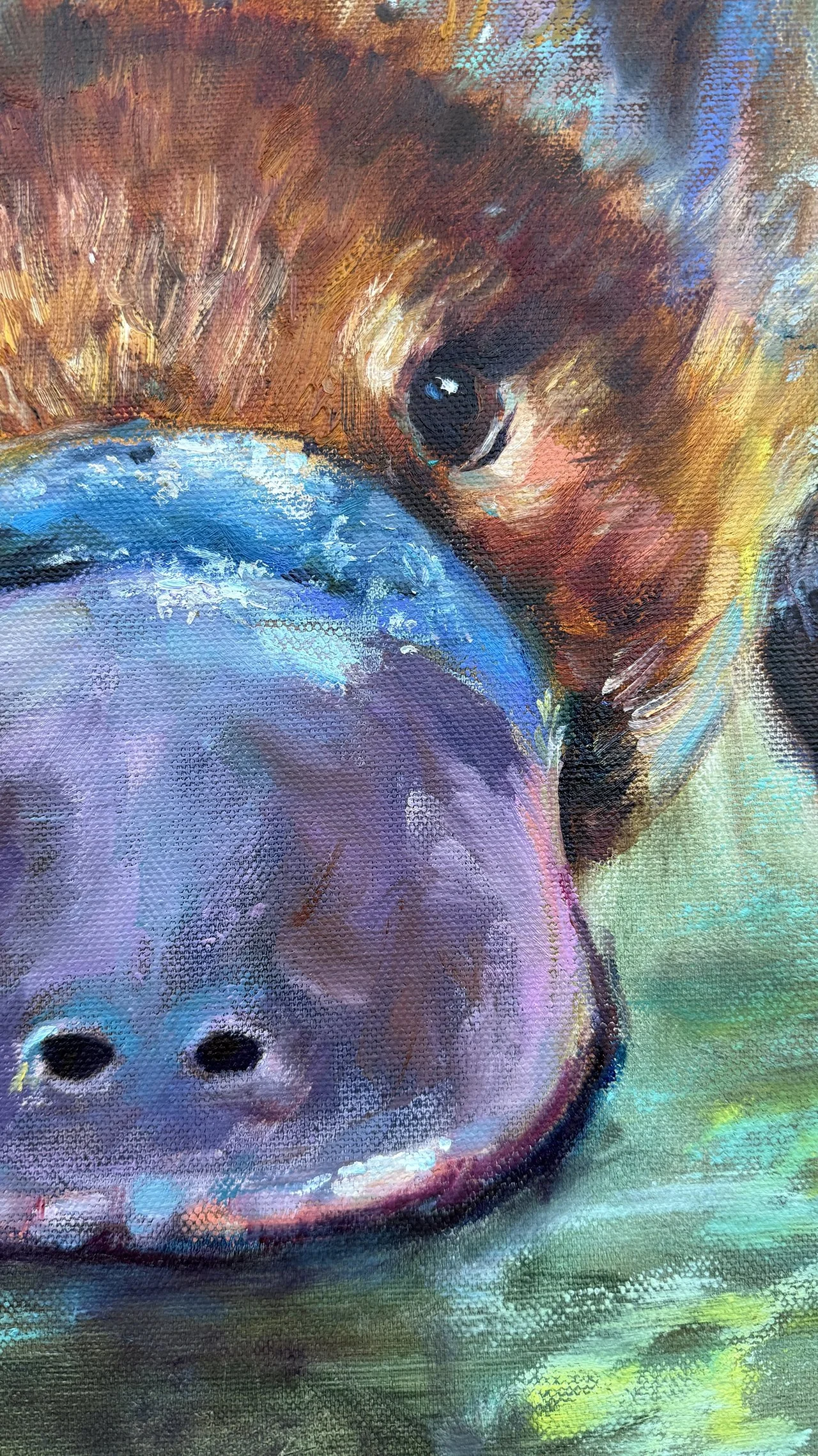 Close-up of a platypus bill and face with soft reflections on the water and detailed brushwork.