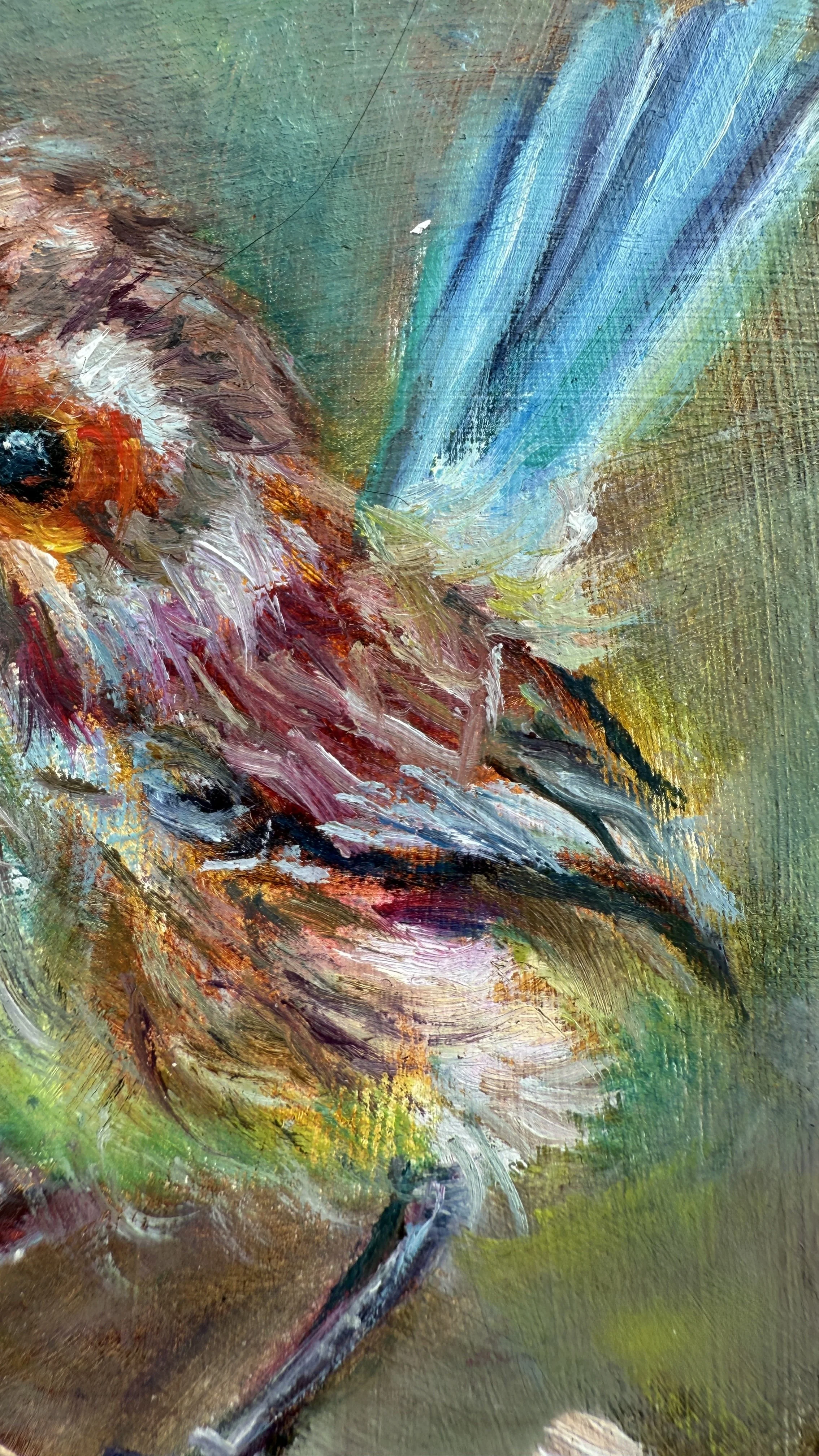 Mini oil painting of a colourful blue wren on a branch, tail detail