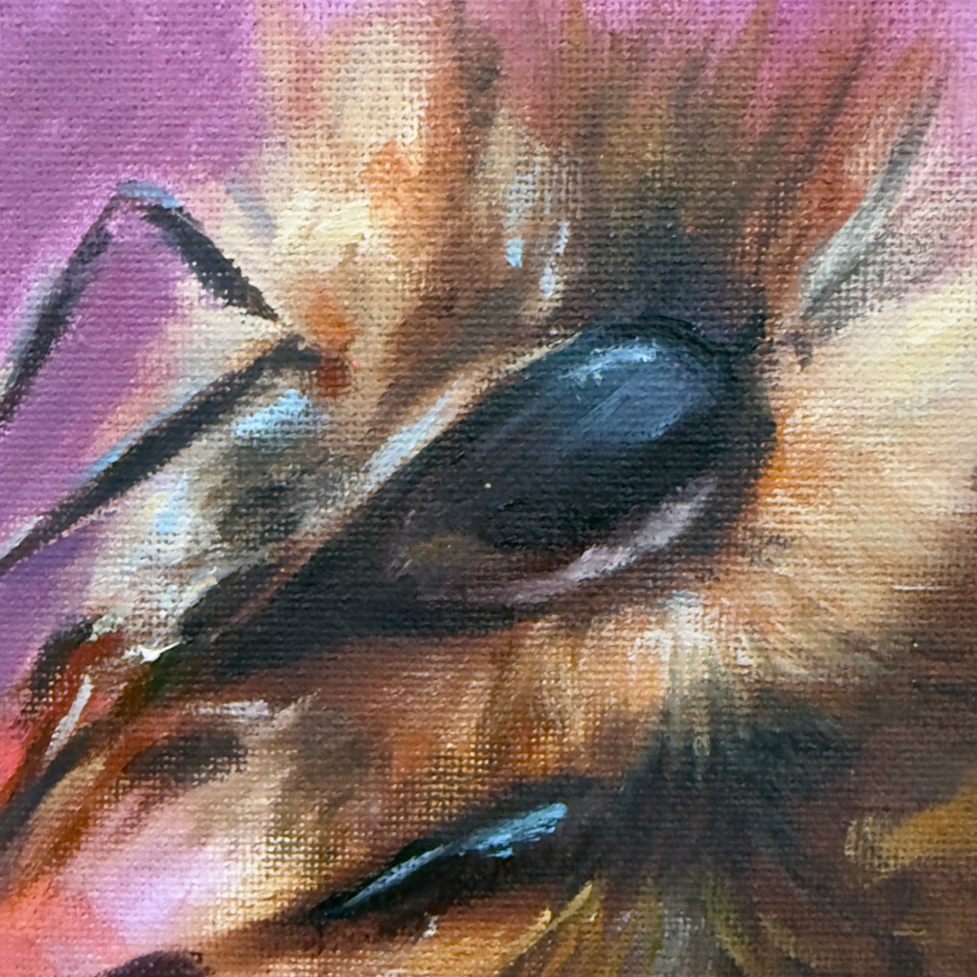 Detailed close-up of the honey bee's compound eye in Purple Haze, an original oil painting by Australian artist Ro Windust.