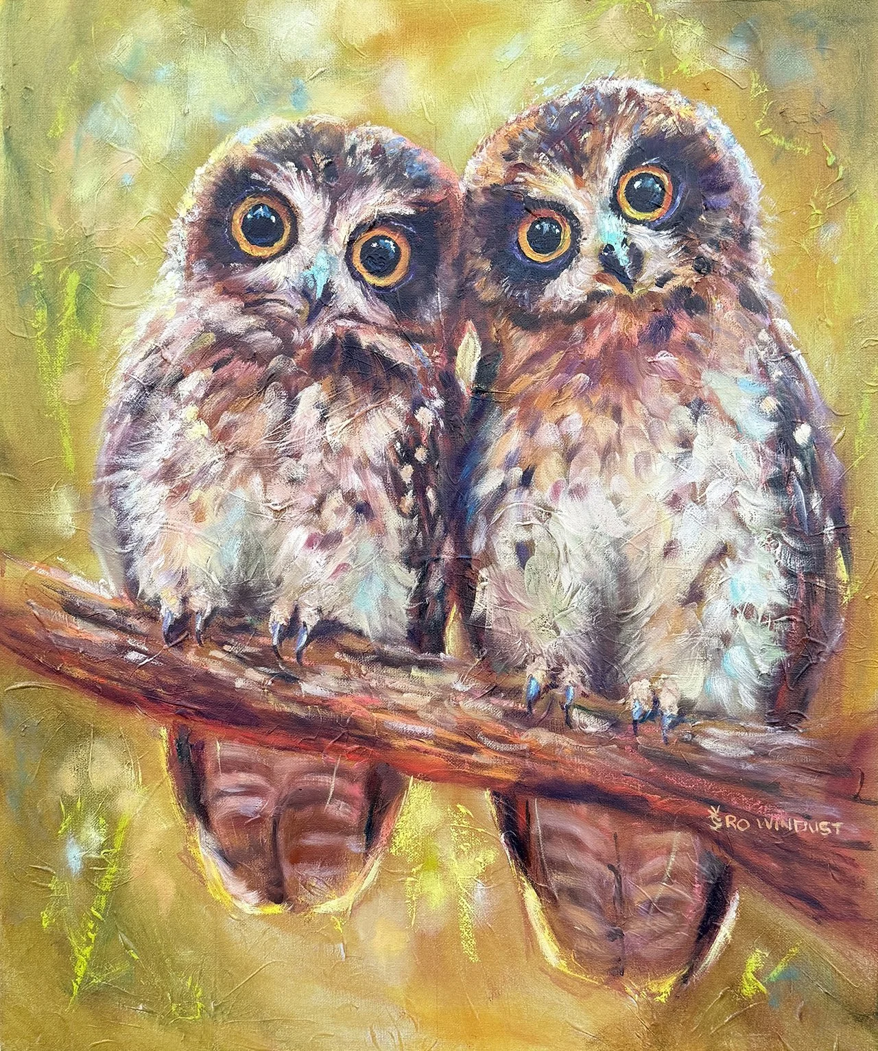 Original painting of two owls perched side by side on a branch, with large round eyes and soft, textured feathers.