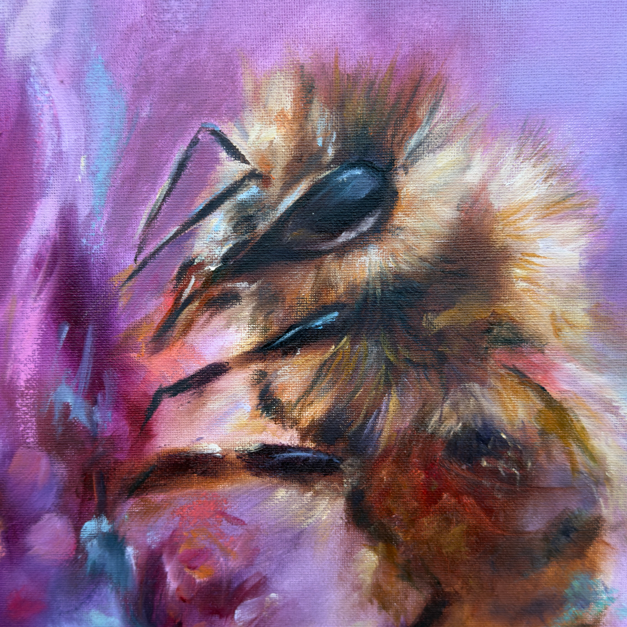 Close-up of the honey bee's head and antennae in Purple Haze, highlighting the fine details and expressive brushwork of Ro Windust's oil painting.