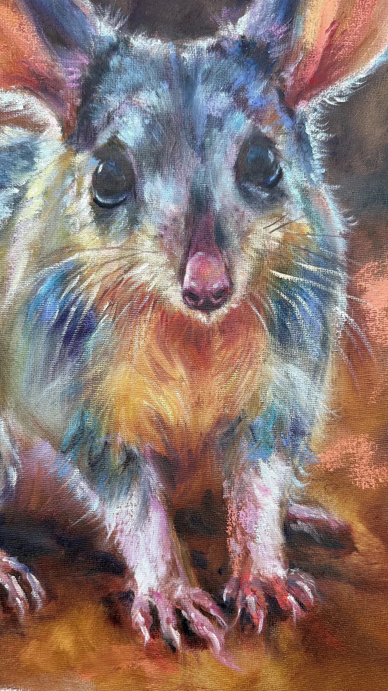 Close-up of a bilby’s face showing its soft fur, dark eyes, and pink nose in warm, blended colours.