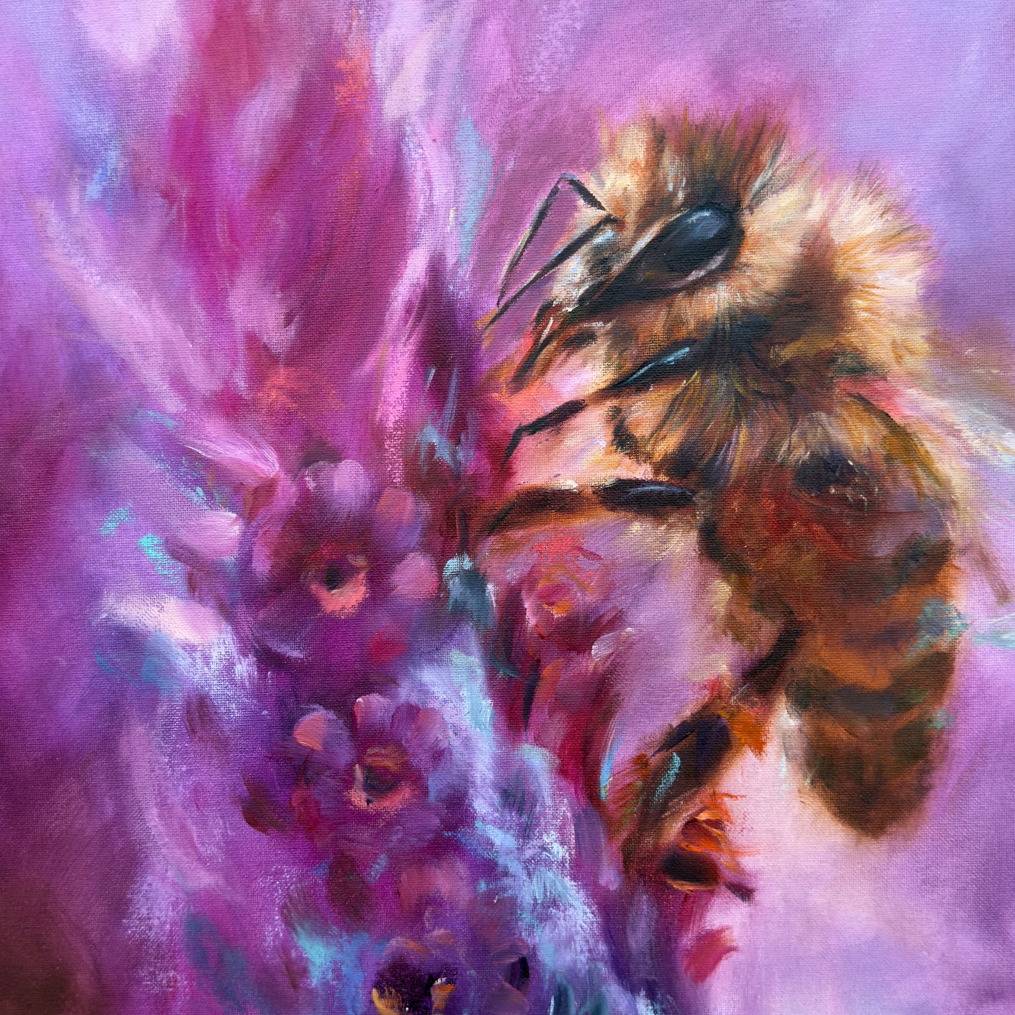 Close-up of the honey bee's body in Purple Haze, an original oil painting by Ro Windust, showing detailed brushwork and rich colours.
