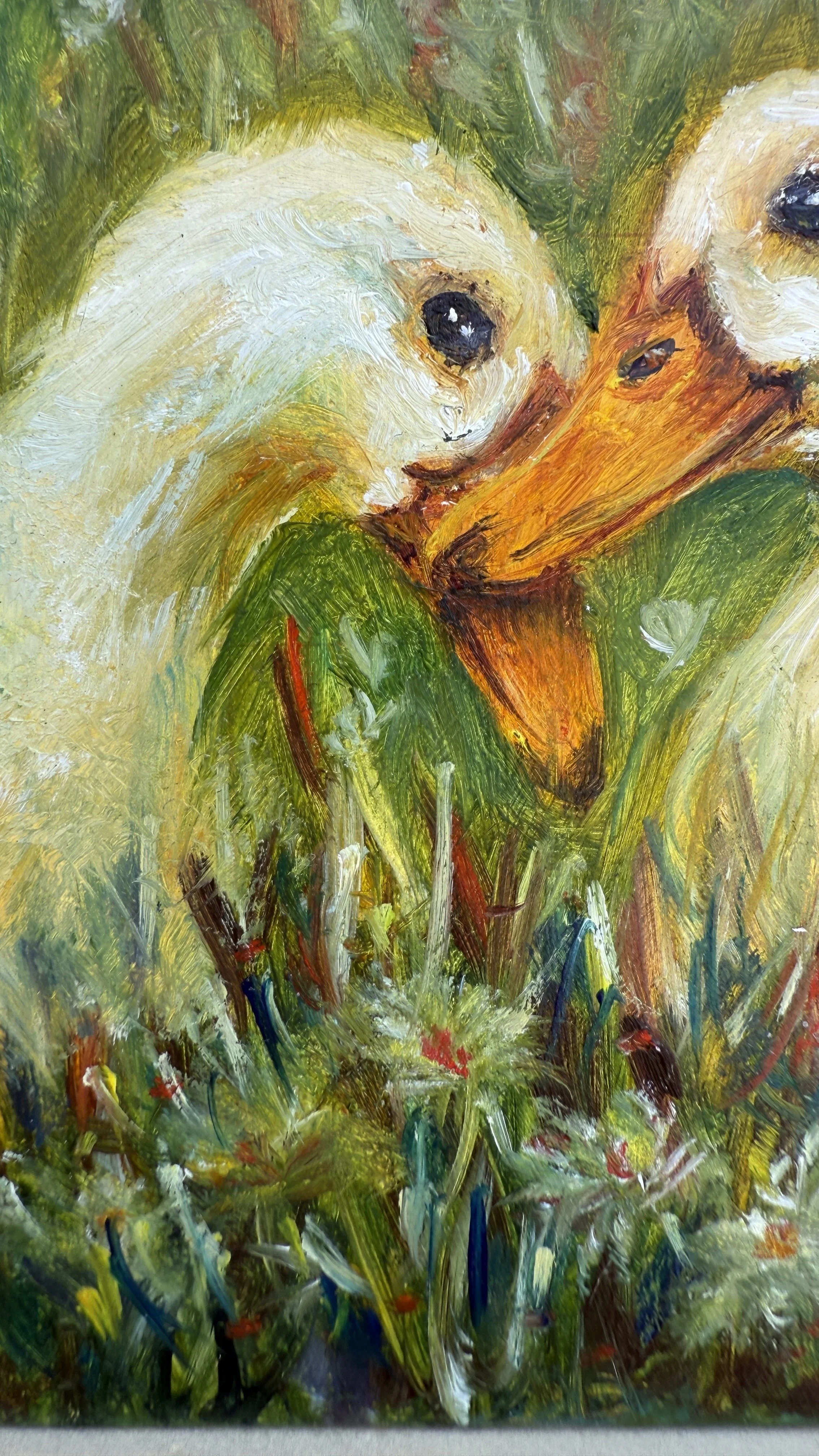 Mini oil painting of two white geese touching beaks in tall grass, close up