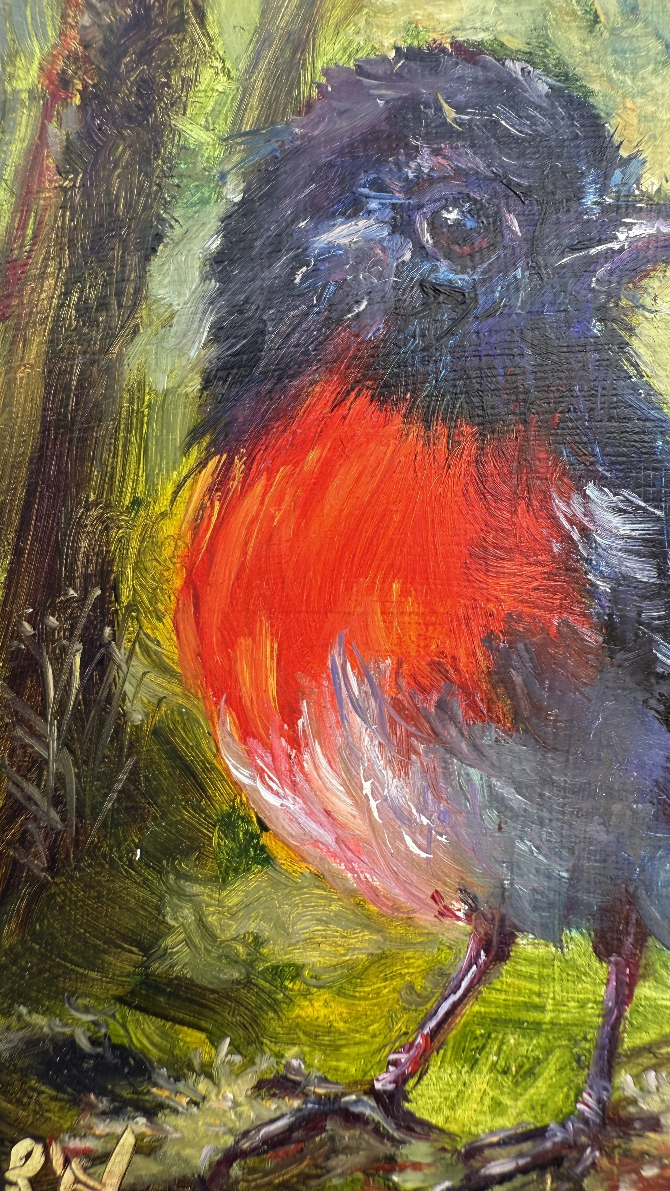 Mini oil painting of a red-chested robin standing on a branch, eye detail