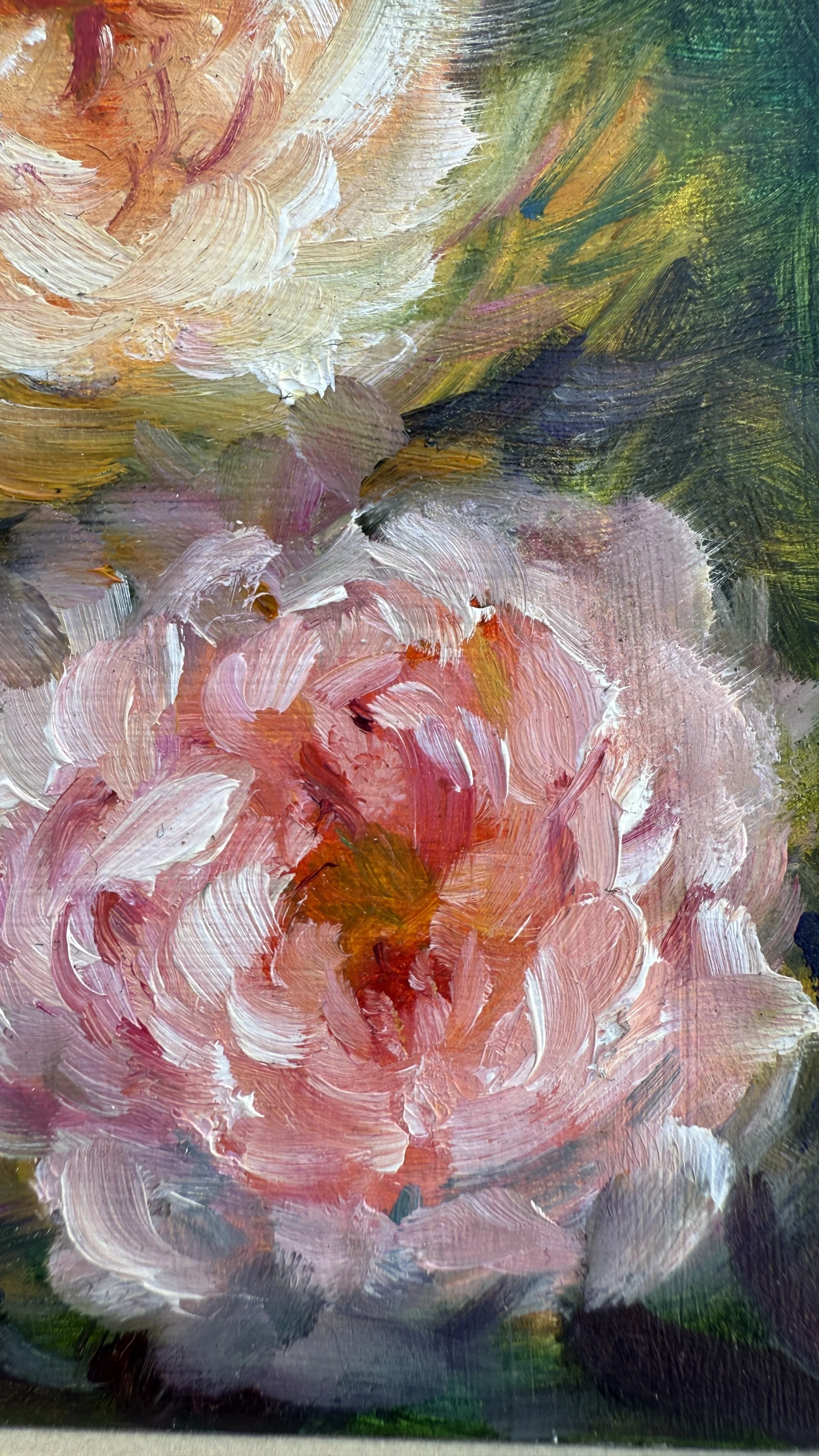 Mini oil painting of three soft pink roses, detail
