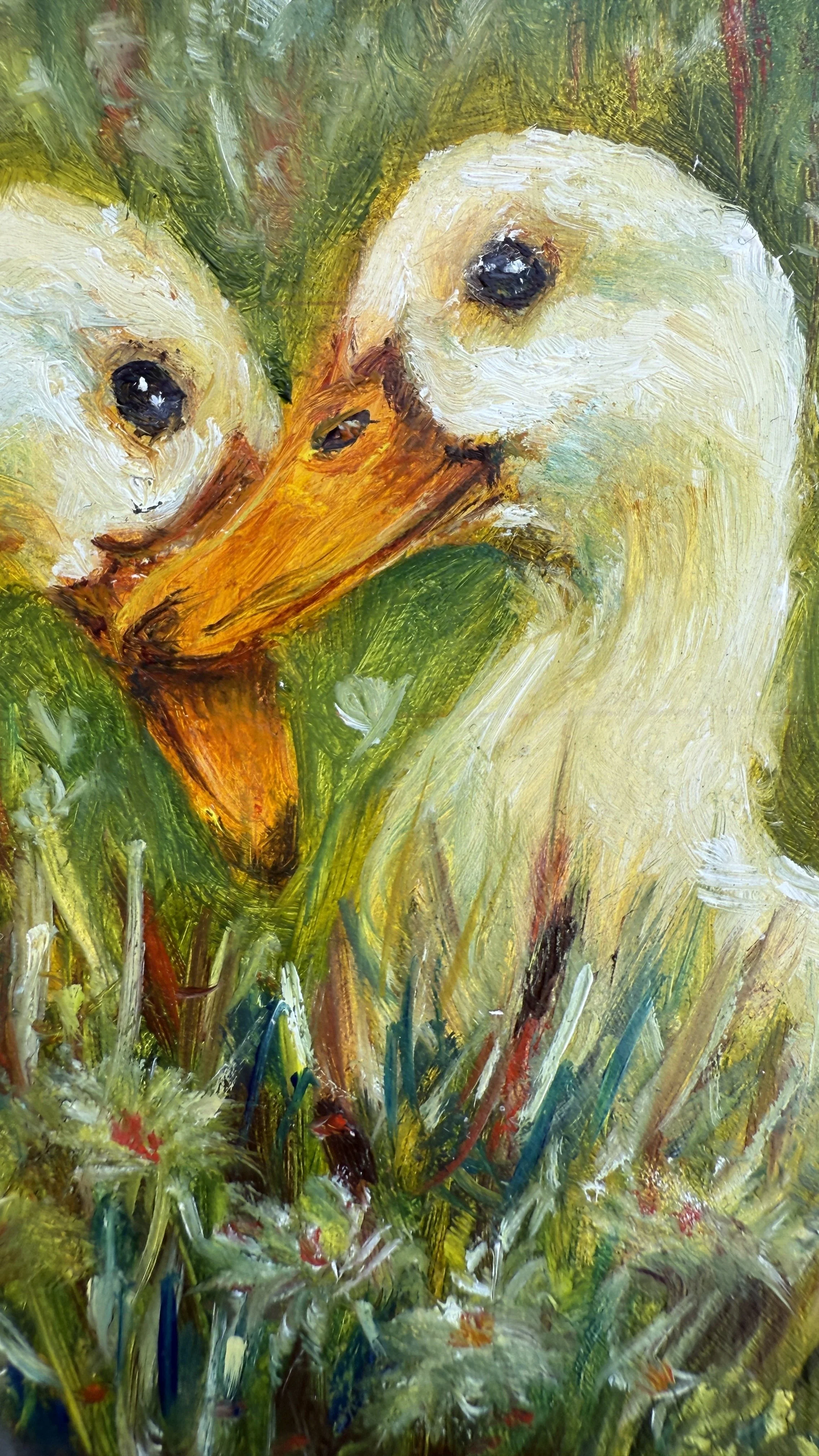 Mini oil painting of two white geese touching beaks in tall grass, detail