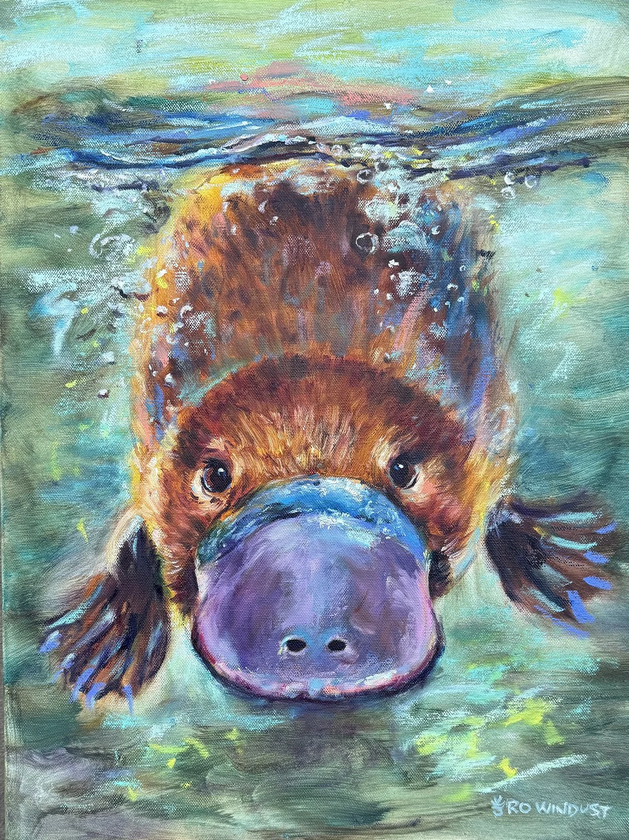 Original painting of a platypus swimming toward the viewer with its bill close to the surface, surrounded by colourful, textured water.