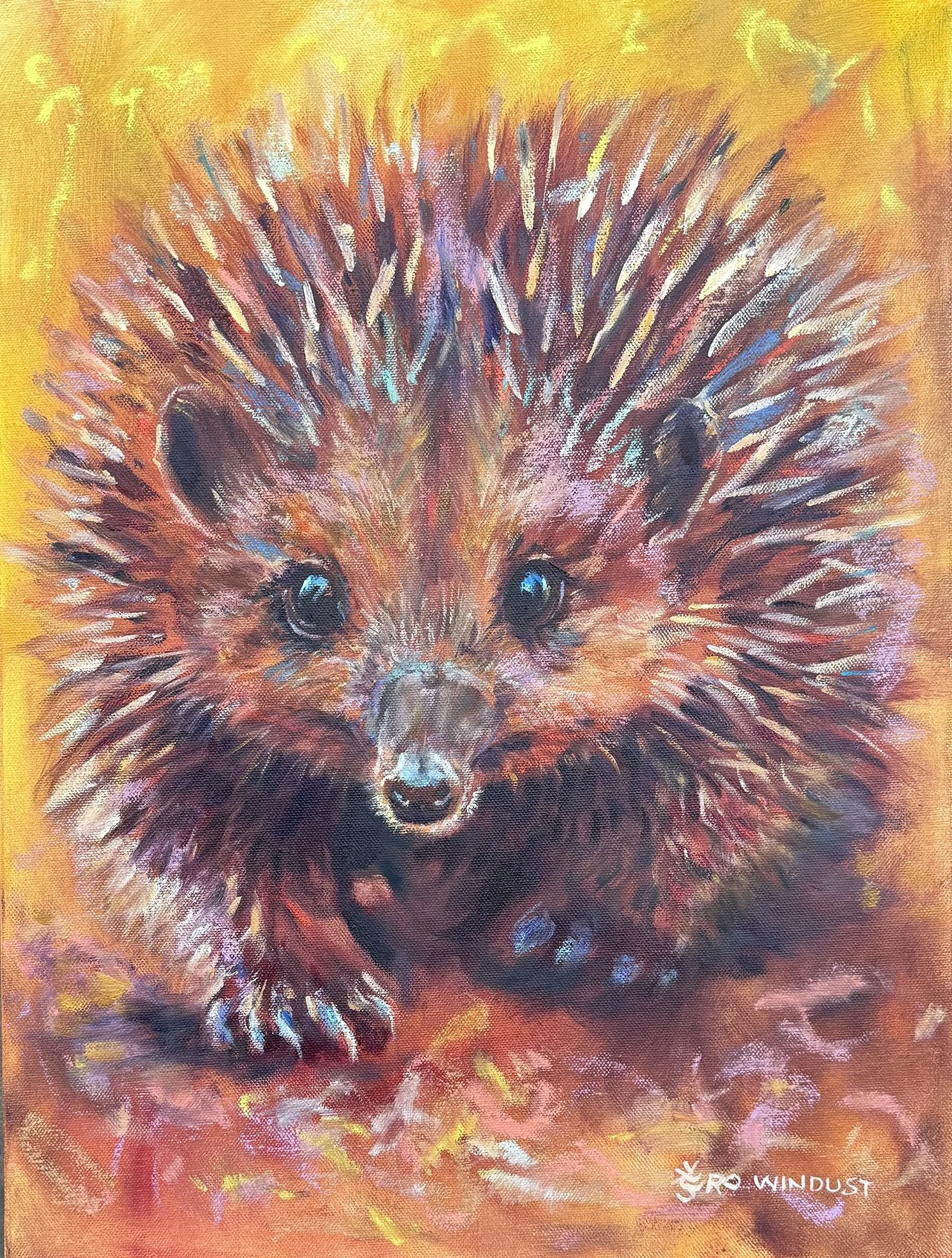 Original painting of an echidna covered in spiky quills, with a small face and bright eyes, set against a warm orange and yellow background.