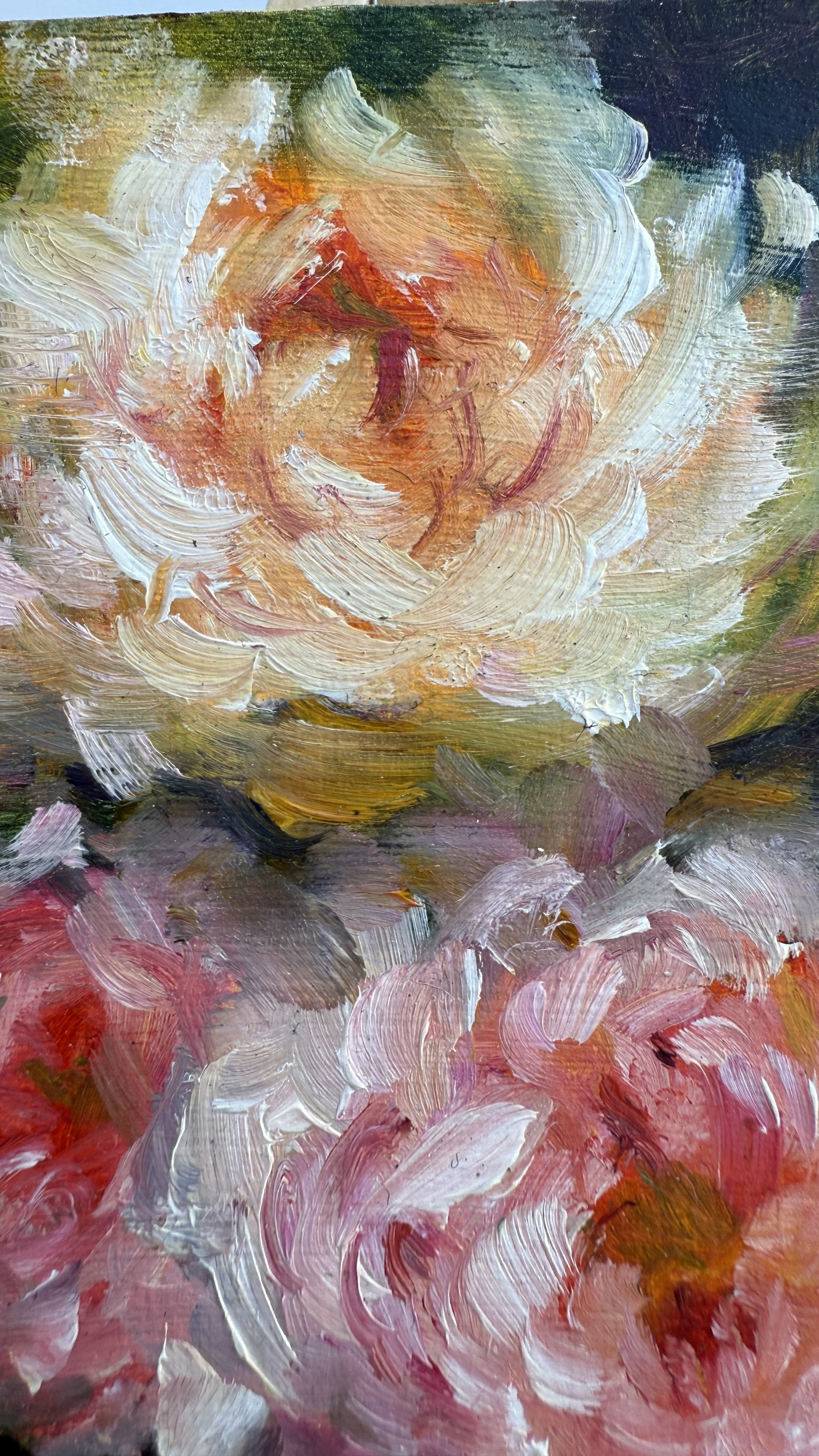 Mini oil painting of three soft pink roses, cream rose detail