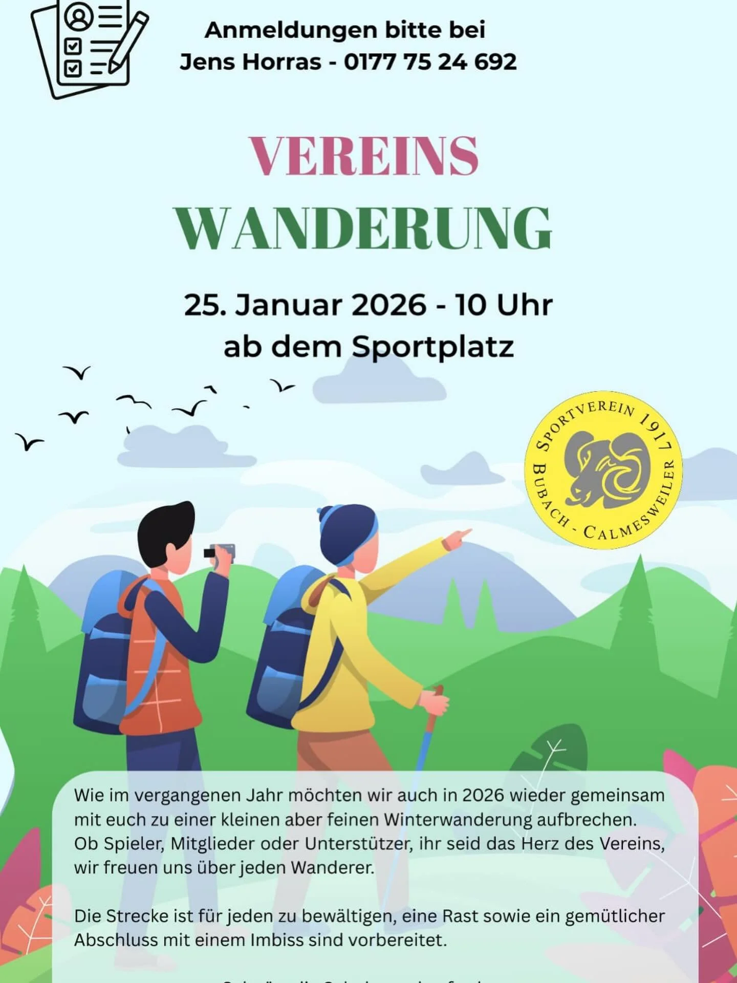 Vereinswanderung

Zu unserer Vereinswinterwanderung sind alle Mitglieder eingeladen. Gemeinsam wollen wir sch&ouml;ne gesellige Stunden verbringen. Anmeldungen nimmt Jens Horras entgegen.

#wandern #vereinswanderung #verein #gemeinsam #f&uuml;rdiegem