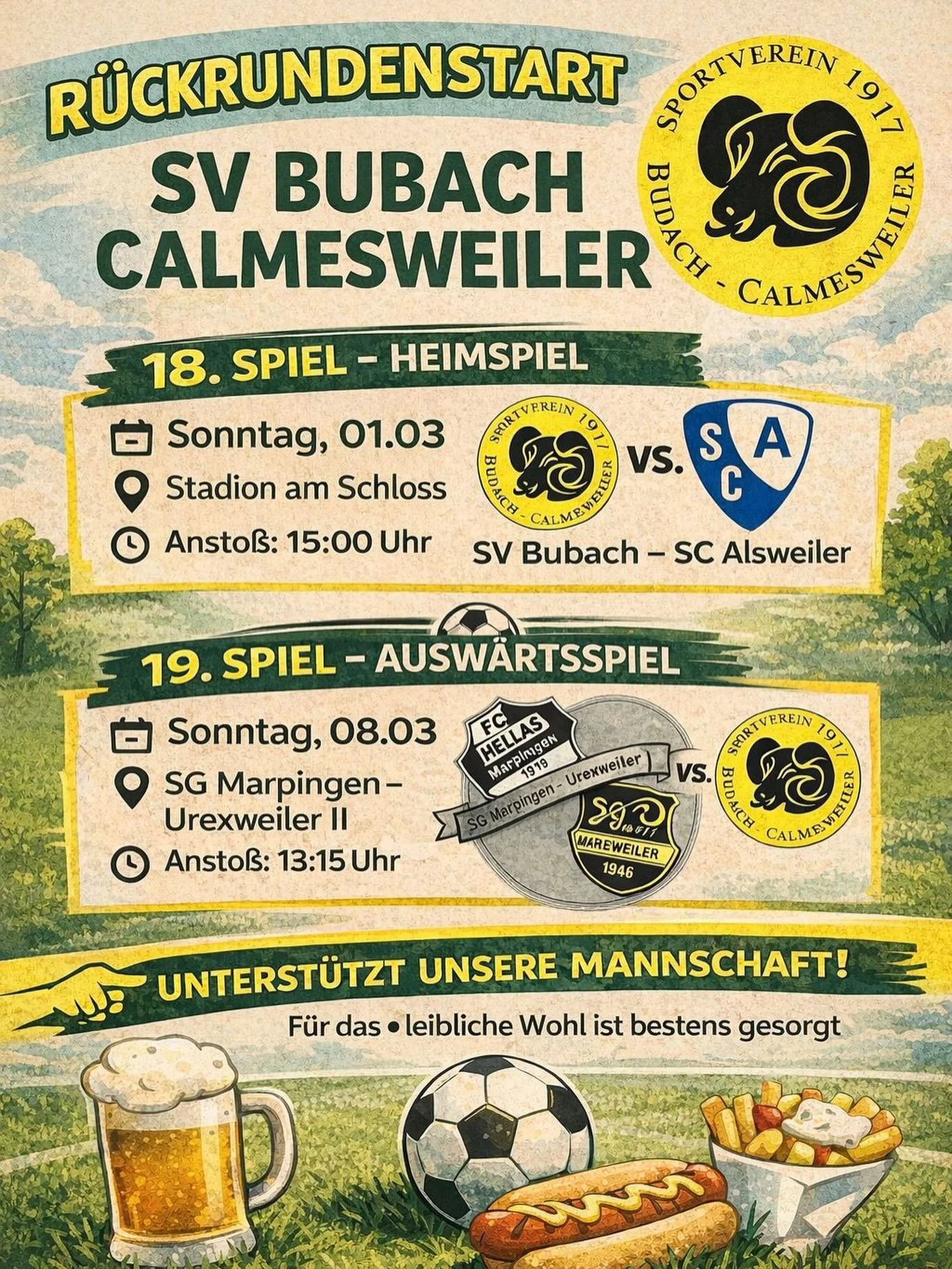 R&uuml;ckrundenstart in 2026

Am kommenden Sonntag startet die R&uuml;ckrunde unserer ersten Mannschaft. 
Man empf&auml;ngt im heimischen Stadion am Schloss den @sc_eintracht_alsweiler . Ansto&szlig; ist um 15:00 Uhr.
Eine Woche sp&auml;ter steht das