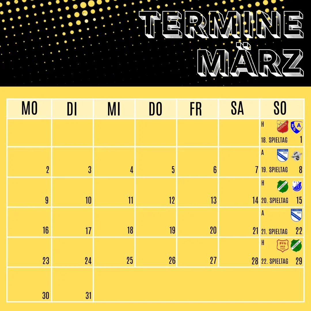 Termin&uuml;bersicht M&auml;rz

Alle Spiele und Termine f&uuml;r den M&auml;rz auf einen Blick!

#terminplaner #amateurfussball #saarfv #kreisliga #bezirksliga